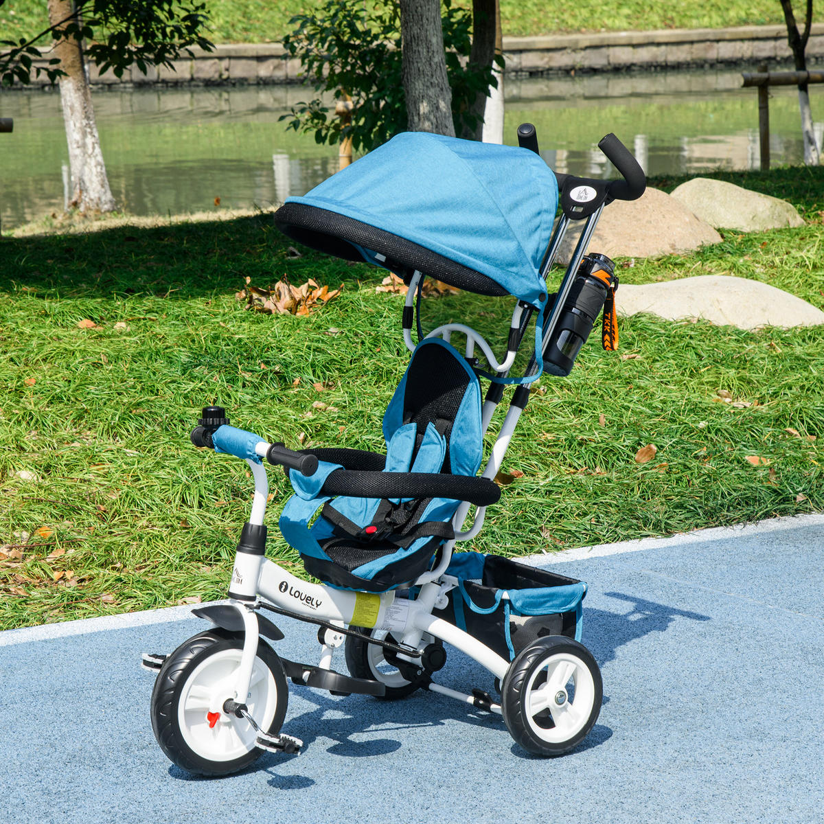 6-IN-1 Dreirad mit Schubstange, Kinderdreirad mit abnehmbarem Sonnendach Blau - Blau, Metall (95/50/106cm) - HOMCOM