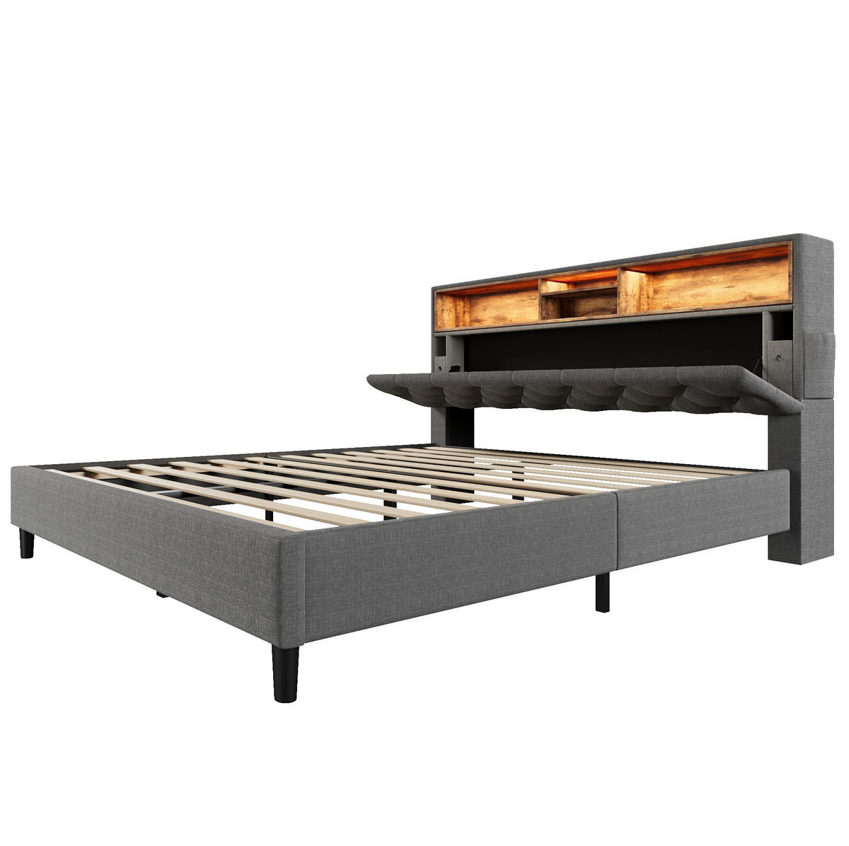 POLSTERBETT mit Stauraum-Kopfteil und LED 140x200 cm Grau - Grau, Holz (140/200cm) - Meubliv