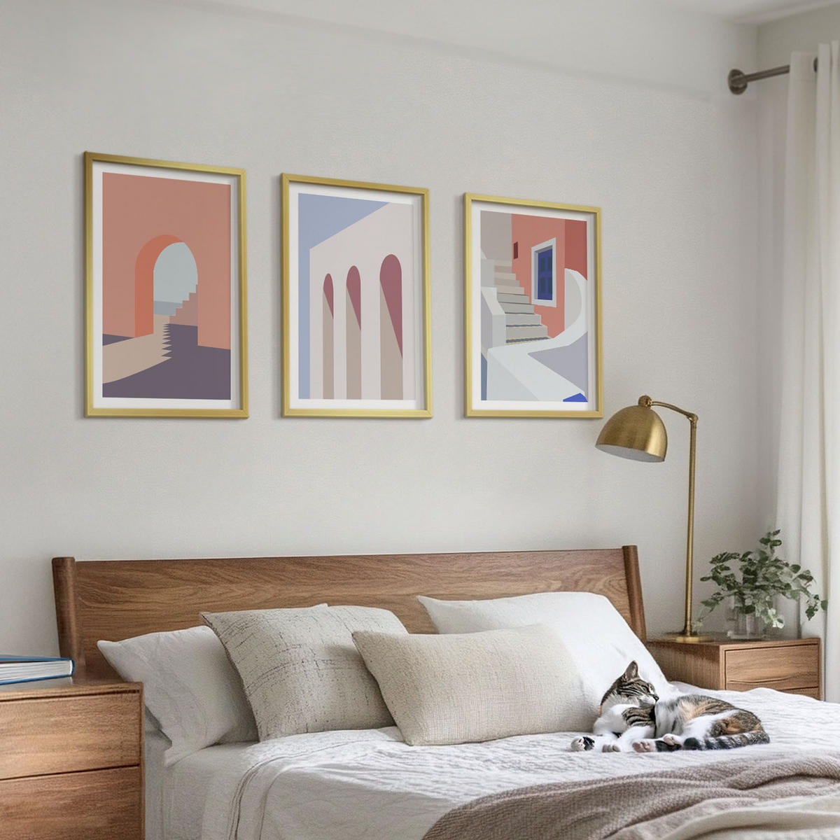 WANDBILDER 3er Set - 40x60 cm Goldrahmen - Minimalistische Architekturillustrationen - Goldfarben, Kunststoff (40/60cm) - ArtPrintCave