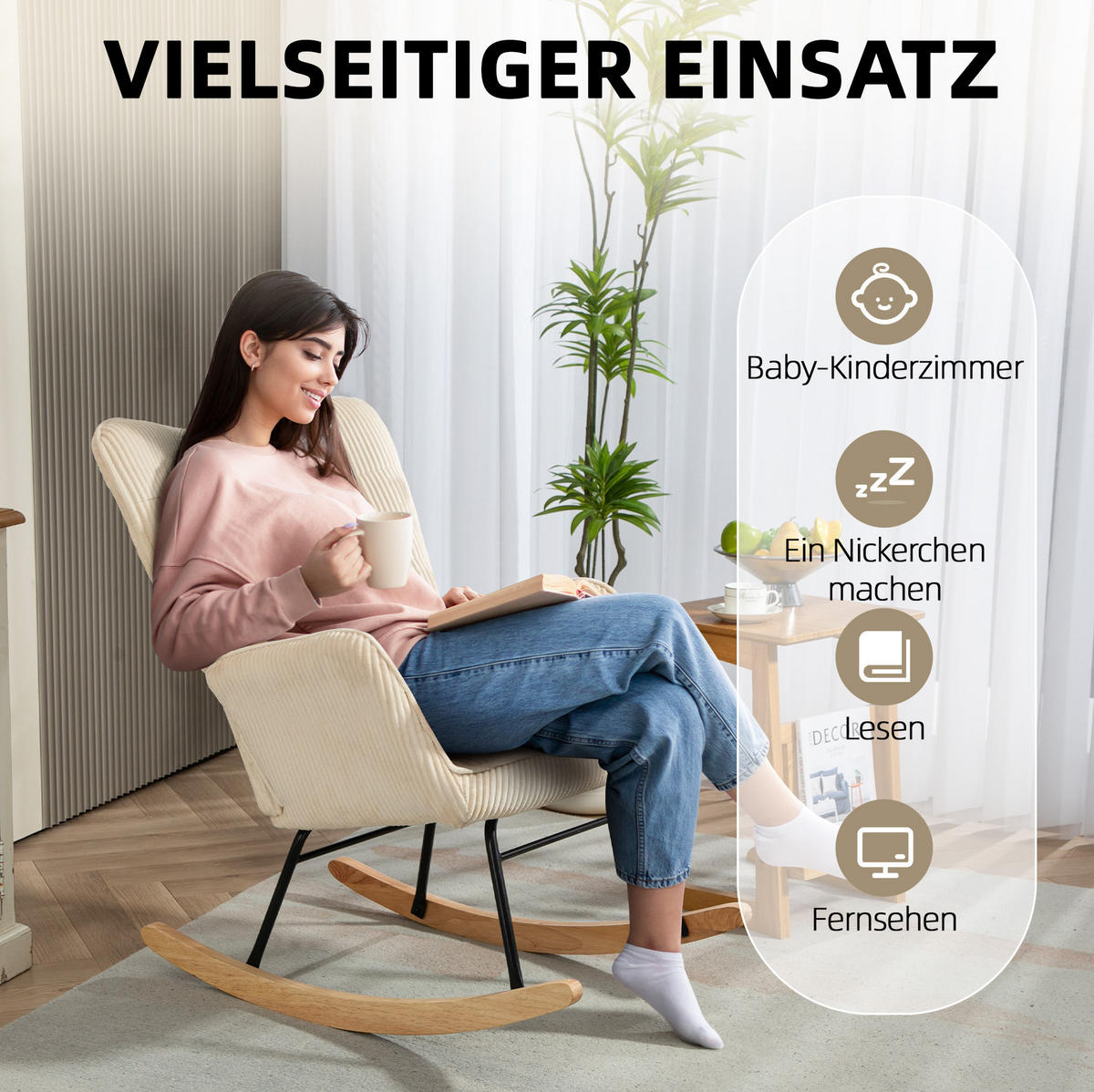 SCHAUKELSTUHL mit Kord-Polsterung, Holzsockel 71/98/101 cm Beige - Beige, Holz (98/101/71cm) - Redom