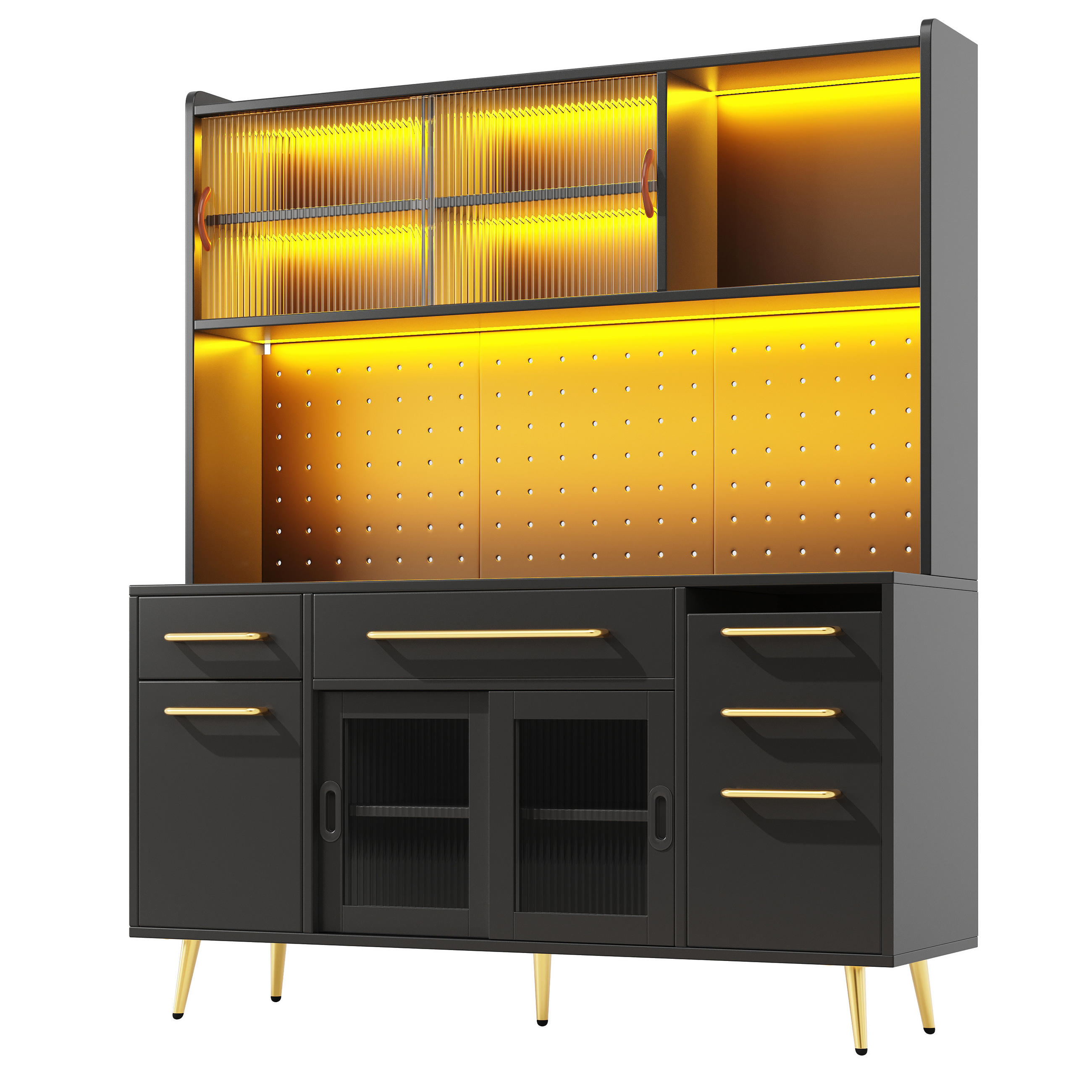 BUFFET DE-38428 145/39/171 cm mit LED-Beleuchtung und Lochwand Schwarz - Schwarz, Holzwerkstoff (145/171/39cm) - ComfortXL