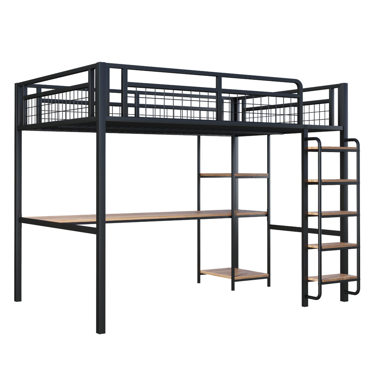HOCHBETT 140/200 cm mit Schreibtisch, Regal und Sicherheitsleiter aus Metall, Schwarz - Schwarz, Metall (140/200cm) - Redom
