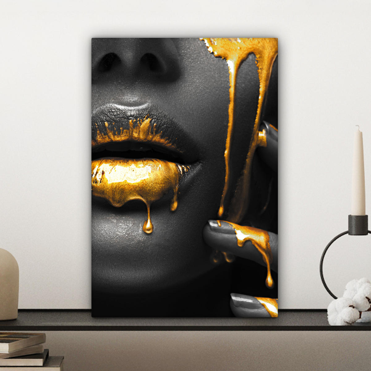 LEINWANDBILD Frau - Schwarz - Gold - Gesicht - Lippen Deko Wohnzimmer 20x30 cm - Goldfarben, Textil (20/30cm) - MuchoWow