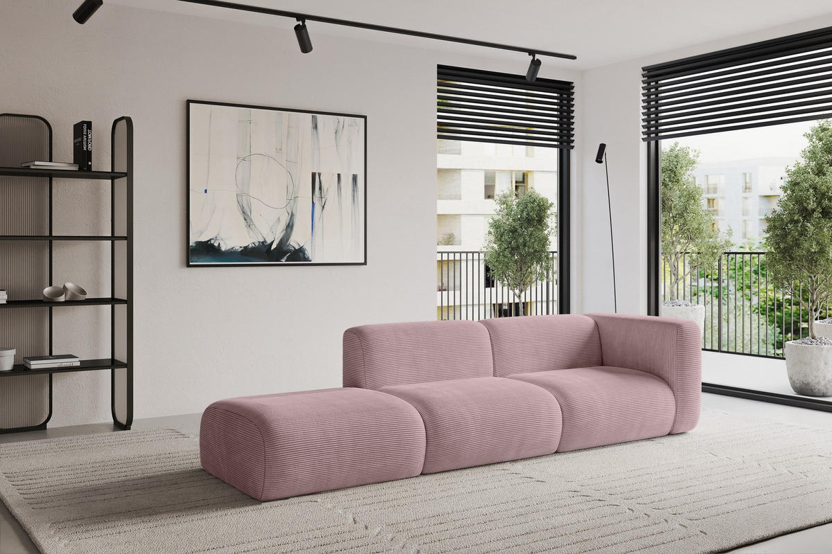 SOFA Ottomane Rechts MIRA-S3 296x89x70 Rosa Cord - Schwarz/Rosa, Holzwerkstoff/Kunststoff (296/70/89cm) - ALTDECOR