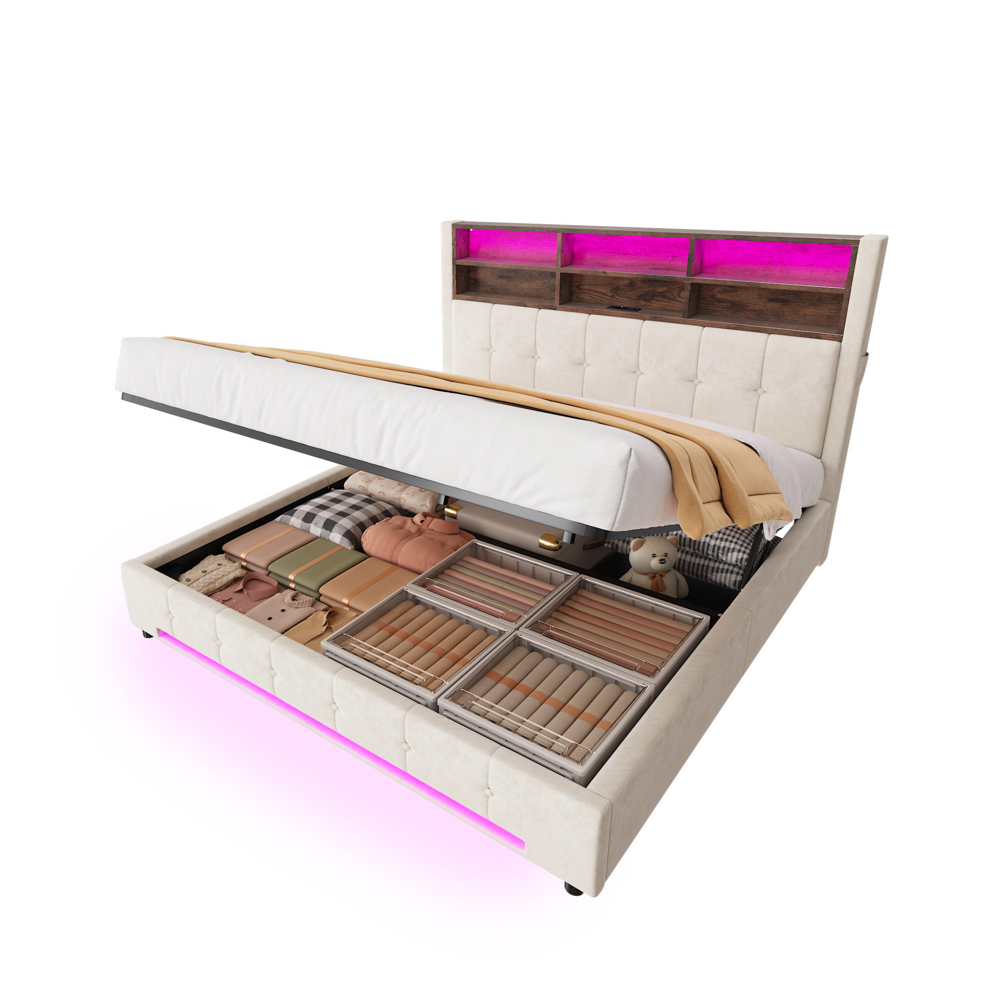 POLSTERBETT 180/200 cm in Beige mit 6 Fächern, Seitentaschen, USB-C, LED und Bettkasten aus Samt und Metall - Dunkelgrau, Holzwerkstoff/Textil - STILVORA