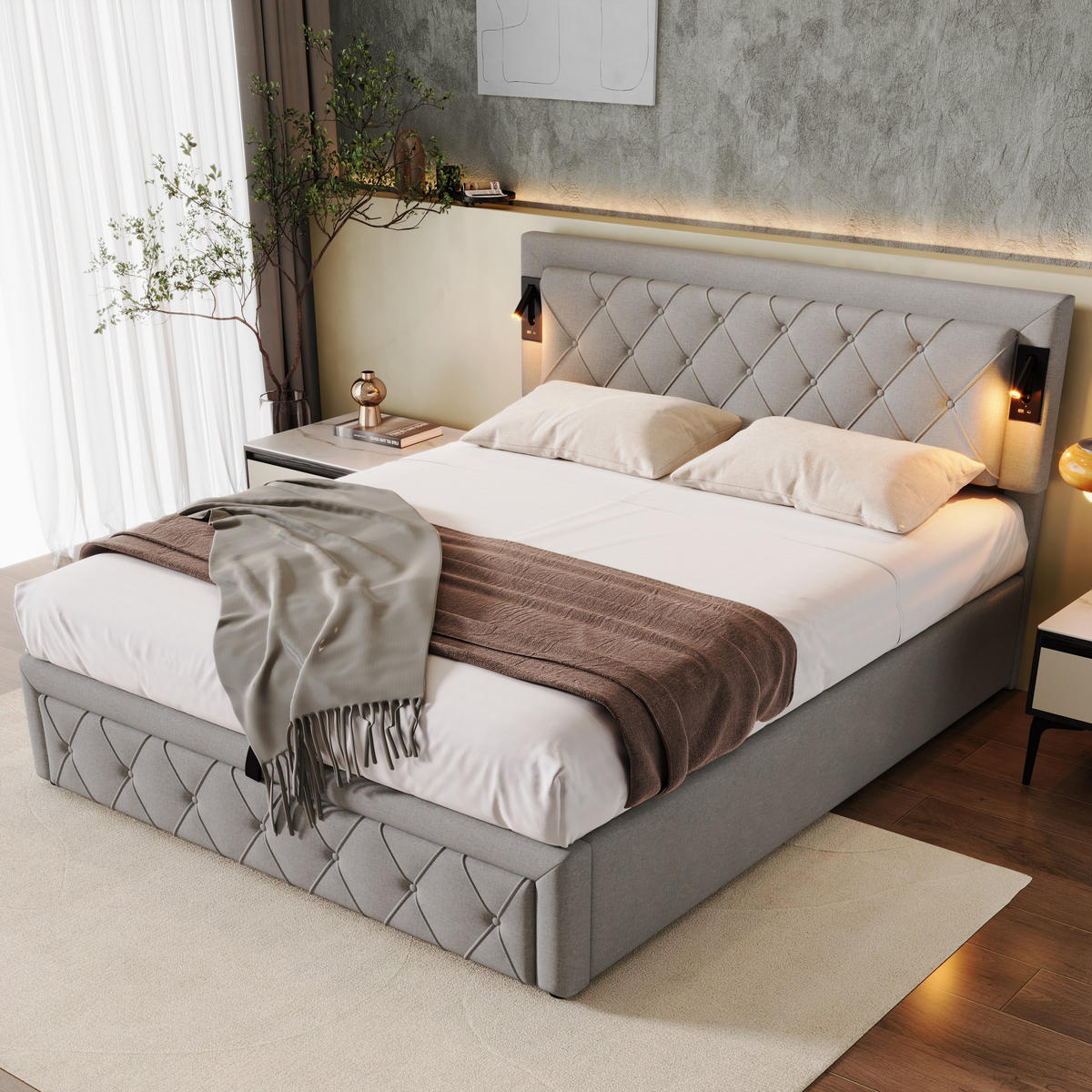 POLSTERBETT 160/200 cm Grau mit Downlight und USB-Schnittstellen - Grau, Textil (160/200cm) - OKWISH