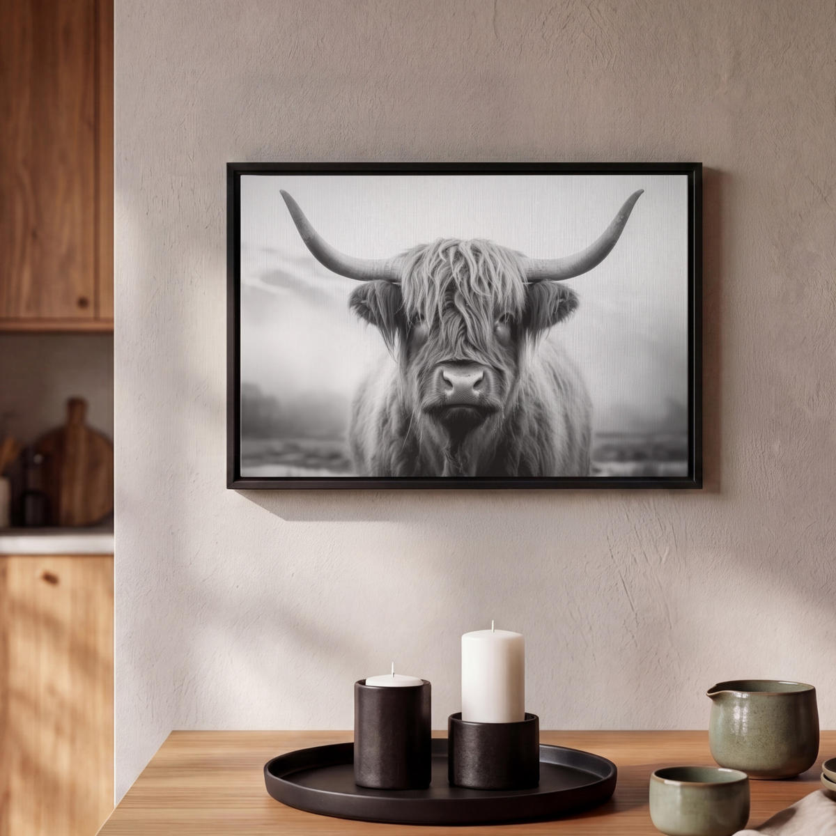 LEINWAND Bilder mit Rahmen - Schottischer Highlander - Nebel - Schwarz - Weiß - 30x20 - Grau, Textil (30/20cm) - MuchoWow