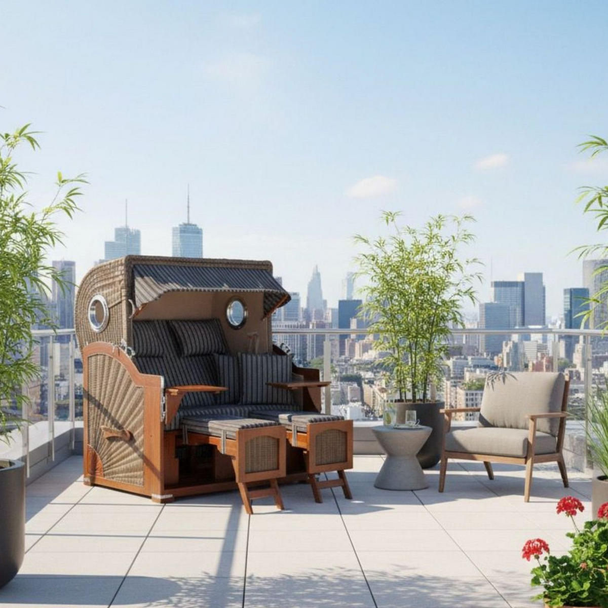 STRANDKORB Komplettset: Ammersee Grande XL Mahagoni Bullauge - PE grau - Modell 500 - Grau, Holz/Kunststoff (142/165/95cm) - bene living