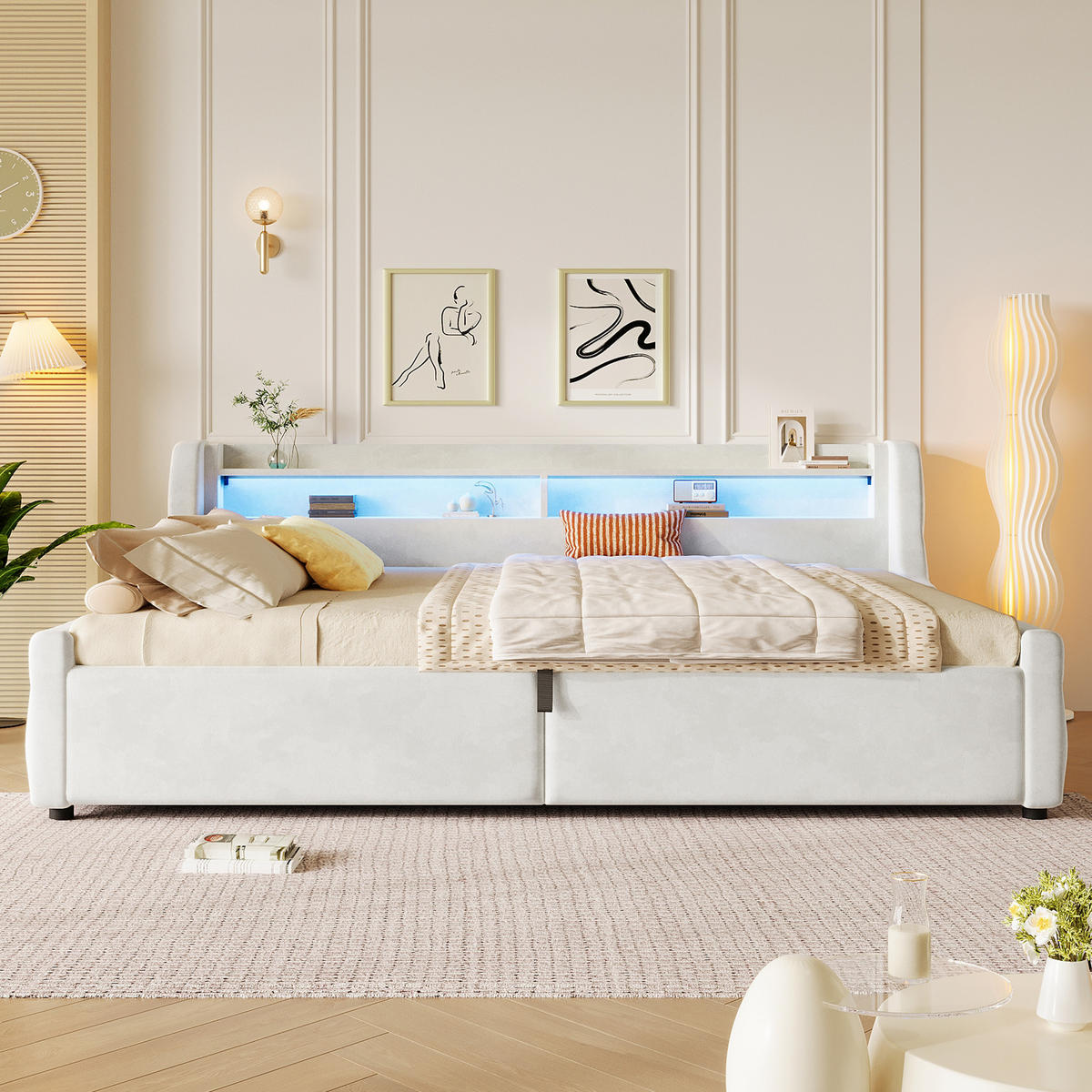 POLSTERBETT 140/200 cm in Off White mit Bettkasten und LED - Weiß, Holzwerkstoff/Textil (140/200cm) - CHICFURN