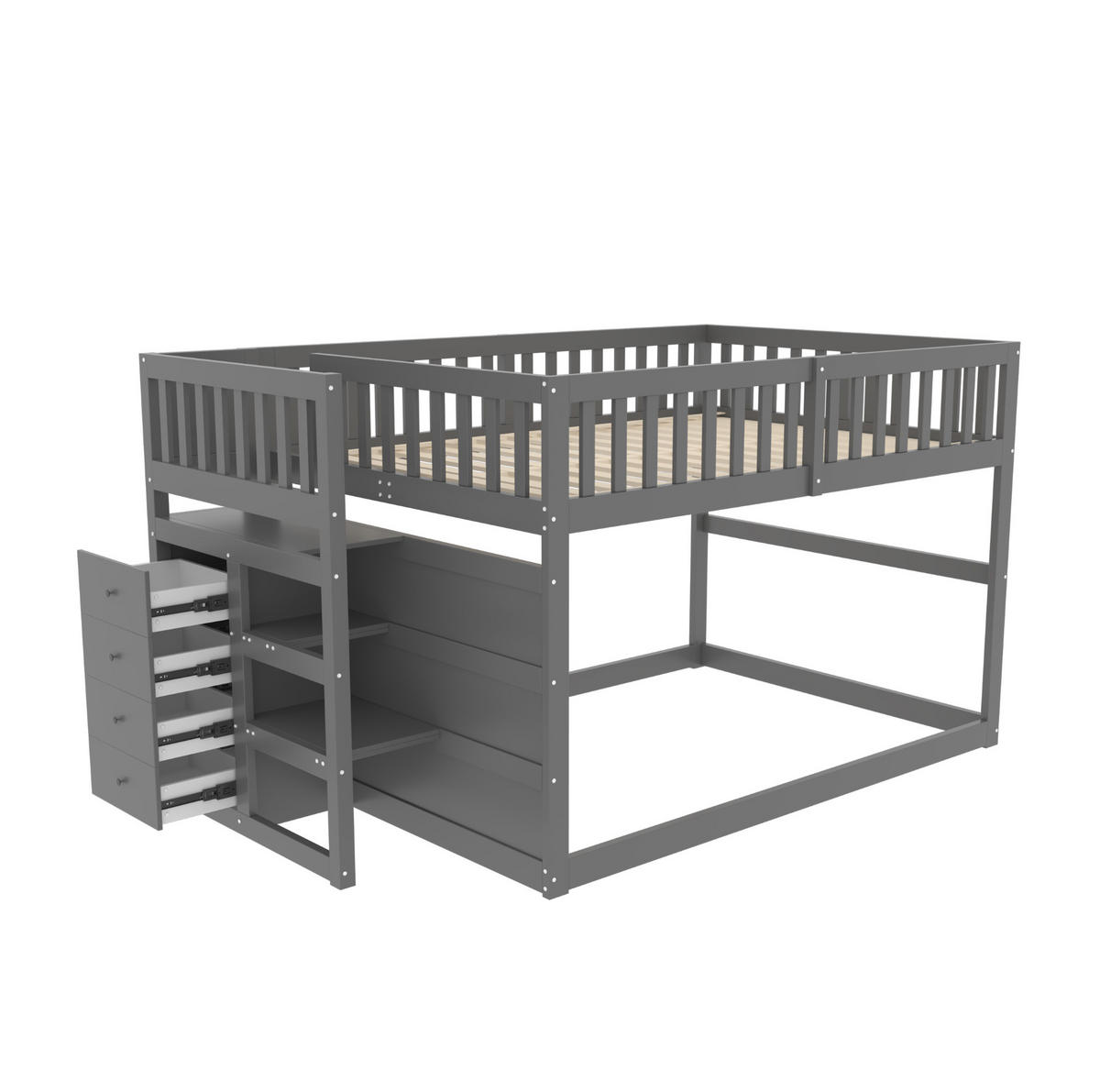 ETAGENBETT aus Holz 140x200 cm Grau mit Sicherheitstreppe, 4 Schubladen und hohem Fallschutz - Grau, Holzwerkstoff (140/200cm) - Modfu
