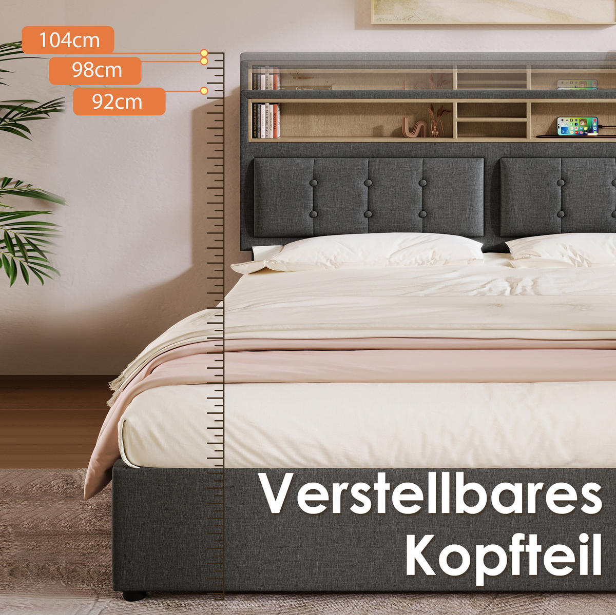 POLSTERBETT 160/200 cm Grau aus Leinen mit Stauraum und USB-C - Grau, Textil (160/200cm) - OKMYHOME