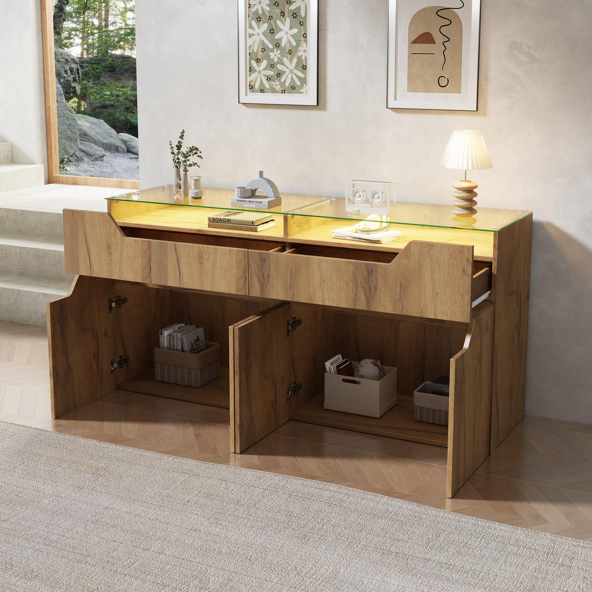 SIDEBOARD Naturfarben 140/40/70 cm 2 Schubladen LED - Naturfarben, Holzwerkstoff (140/70/40cm) - PANGIVO