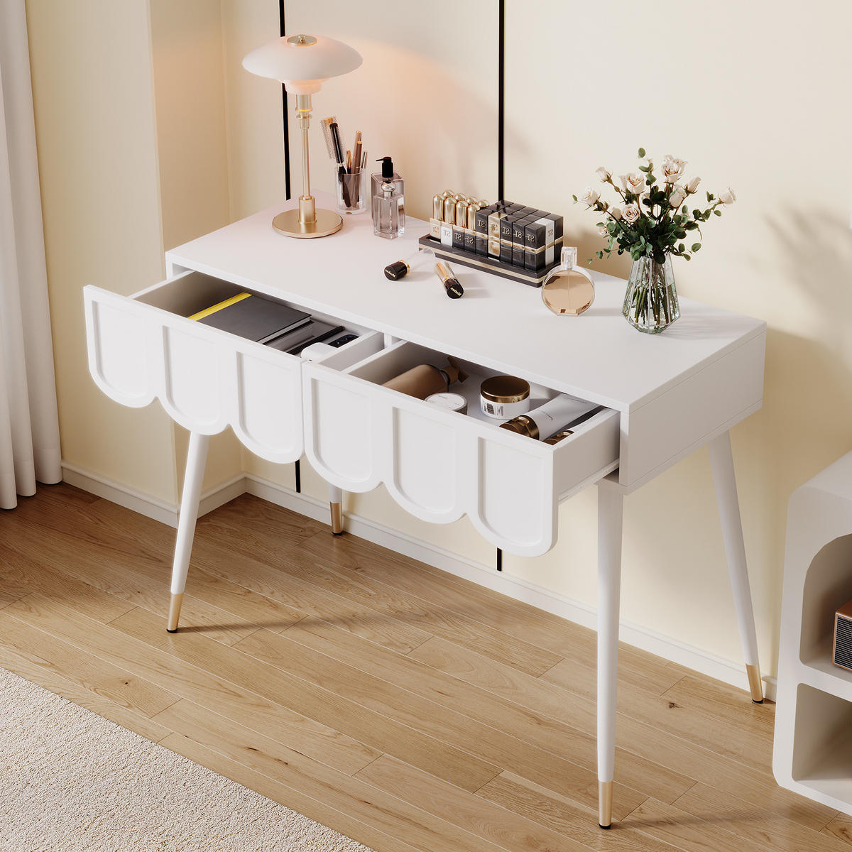 SCHMINKTISCH in Weiß Frisiertisch mit 2 Schubladen,Metallfüßen für Schlafzimmer B100/T40/H76cm - Weiß, Holzwerkstoff/Metall (100/76/40cm) - STILVORA