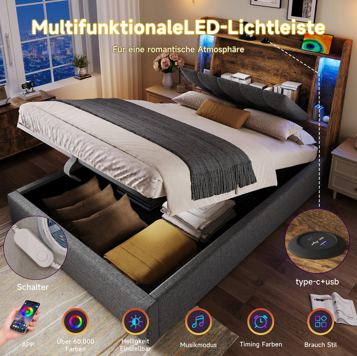 POLSTERBETT 90/200 cm Grau mit Stauraum, LED-Beleuchtung und USB-Anschlüssen - Grau, Textil (90/200cm) - Flora Grace
