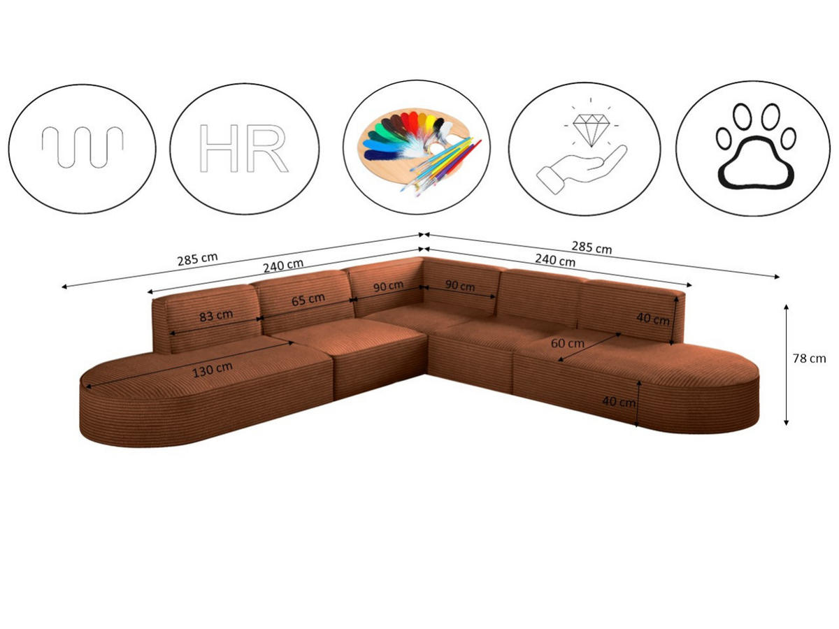 ECKSOFA Designer Corner MODENA stoff Poso, viele Farben Ziegel - Orange, Holzwerkstoff (285/285cm) - Kaiser Möbel