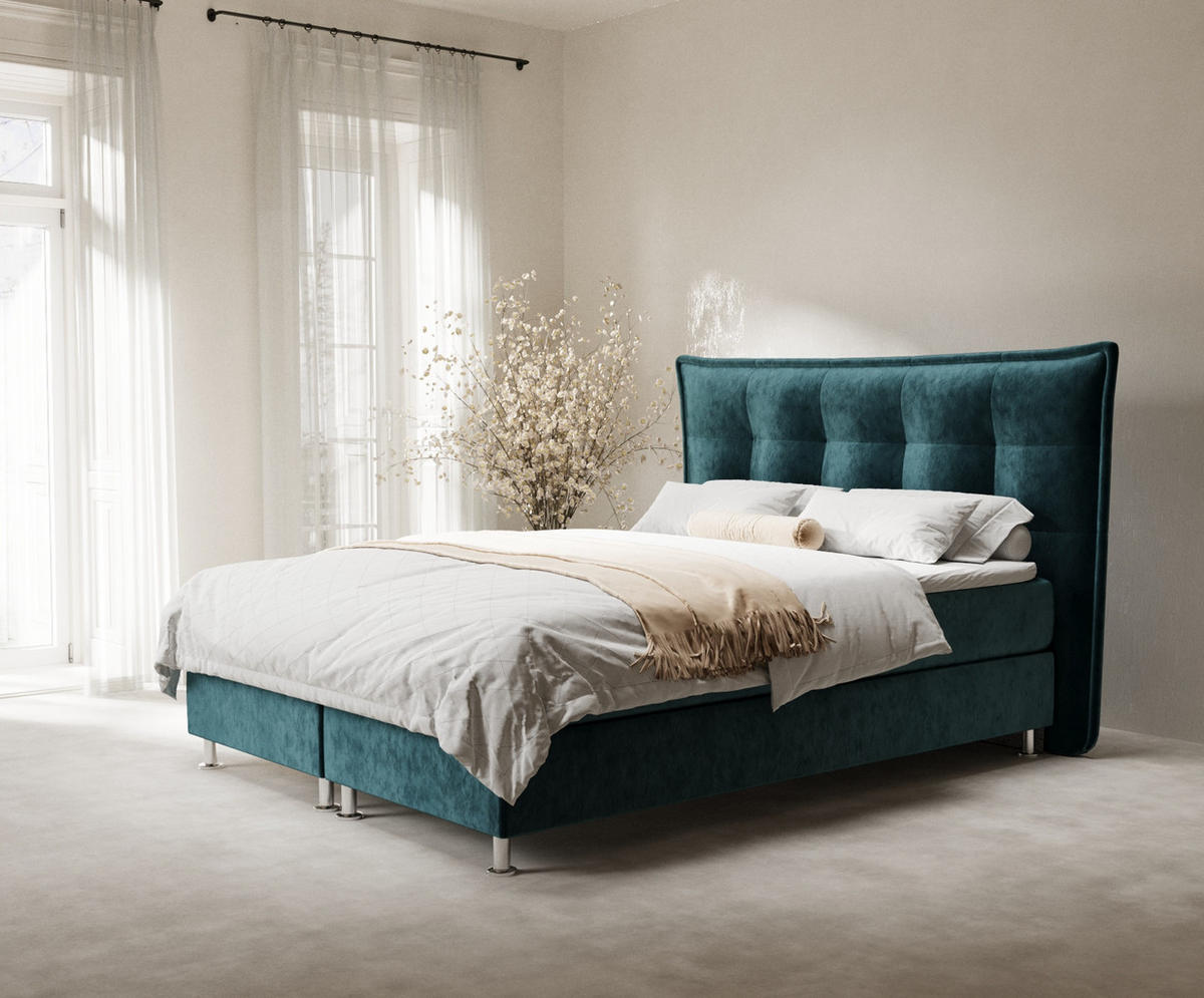 BOXSPRINGBETT Minori Türkisfarben 200/200 cm mit Latex-Topper - Türkis/Silberfarben, Holz/Holzwerkstoff (200/200cm) - Maison de Reve