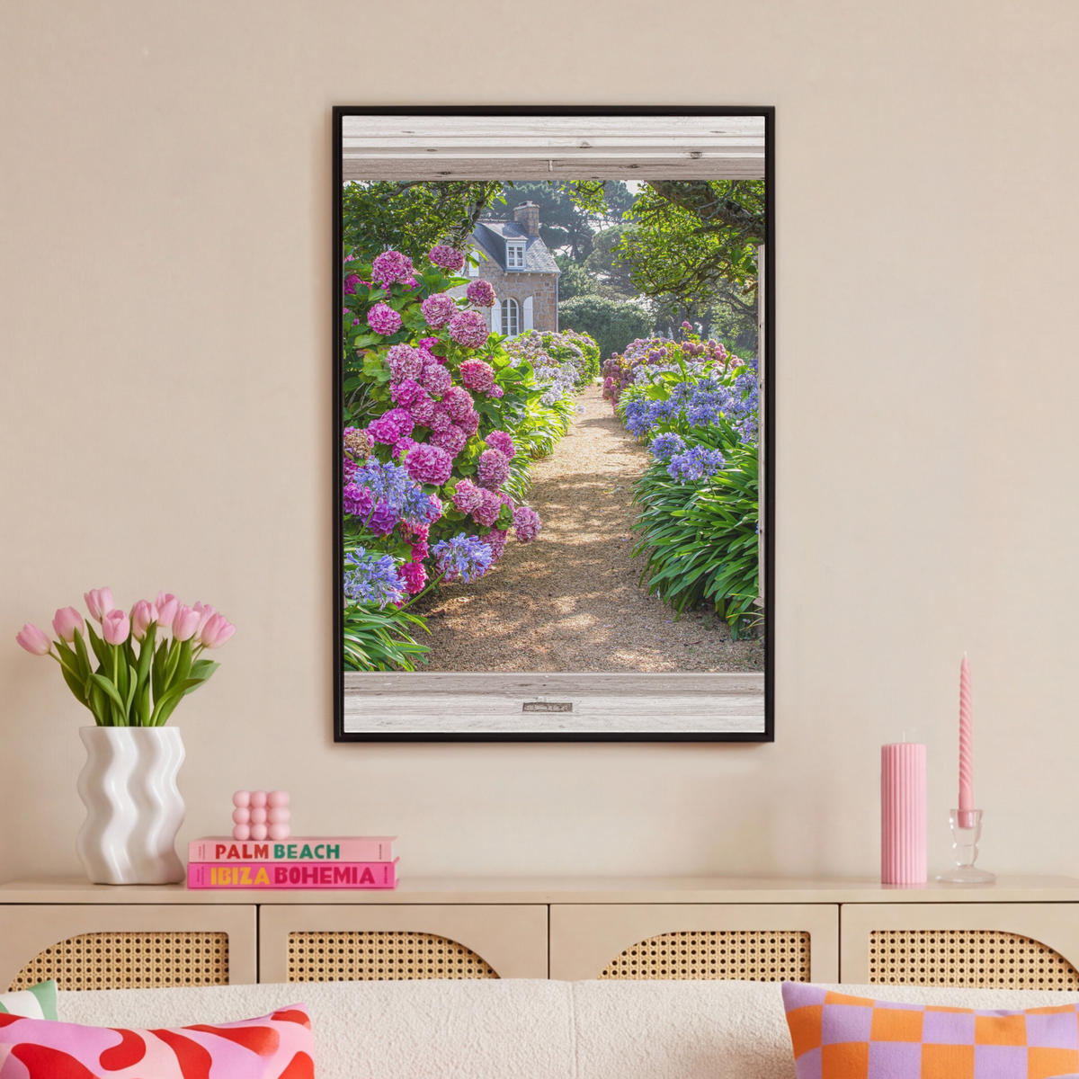 LEINWAND Bilder mit Rahmen - Hortensie - Durchsichtig - Blumen - Sommer - Lila - Weg - 60x90 - Lila, Textil (60/90cm) - MuchoWow