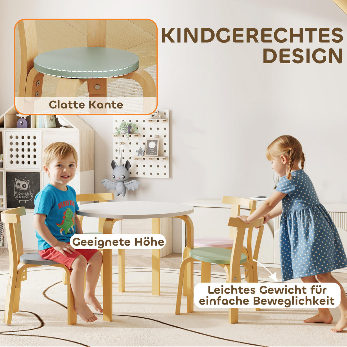 KINDERTISCH Holz mit 4 Stühlen 5-teilig Kinder Tisch Stuhl Set für 3-8 Jahre - Multicolor, Holz (60/50/60cm) - AIYAPLAY