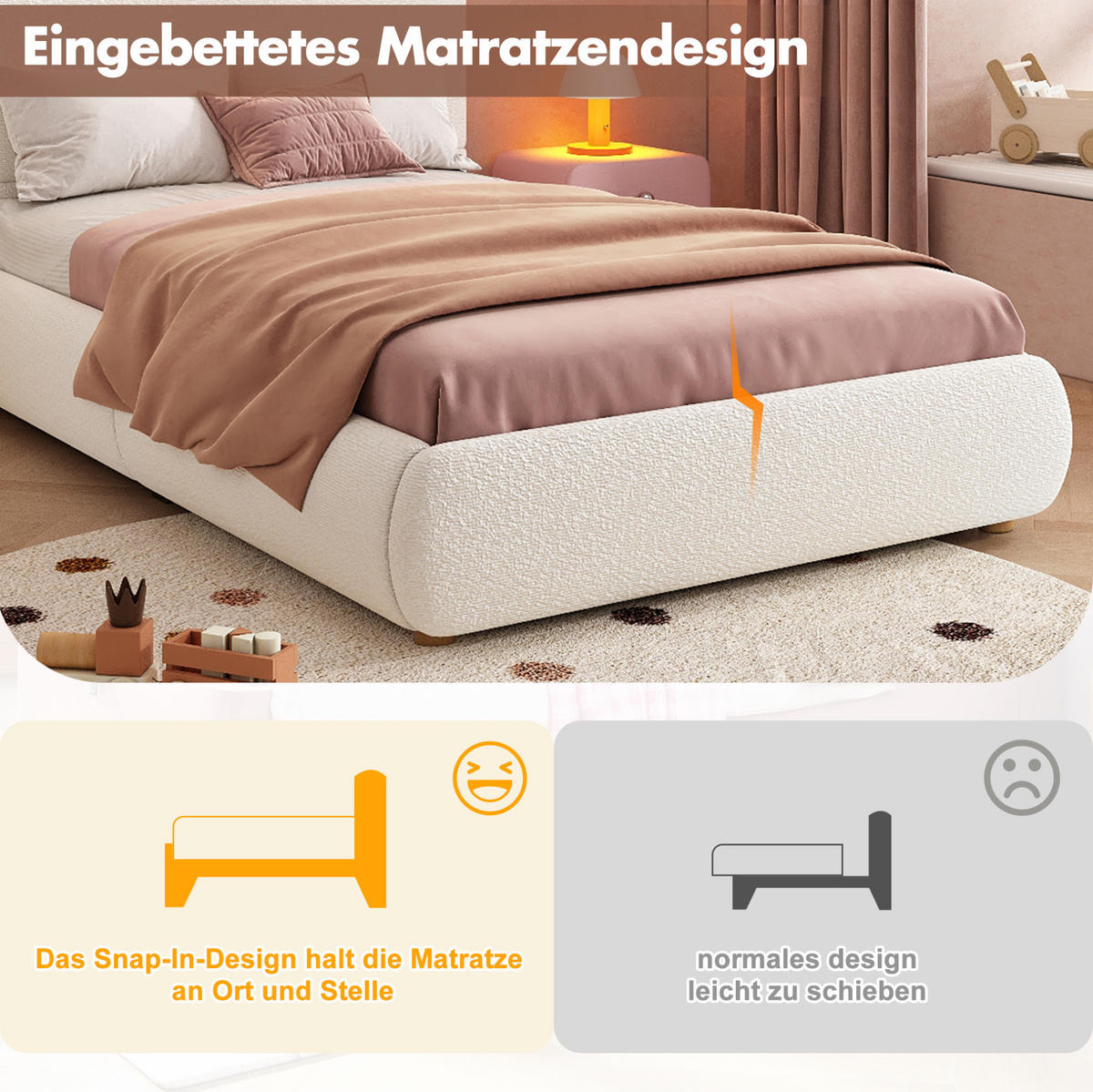 DETSKÁ posteľ 90/200 cm biela s LED osvetlením a úložným priestorom z látky bouclé - biela, textil (90/200cm) - OKWISH
