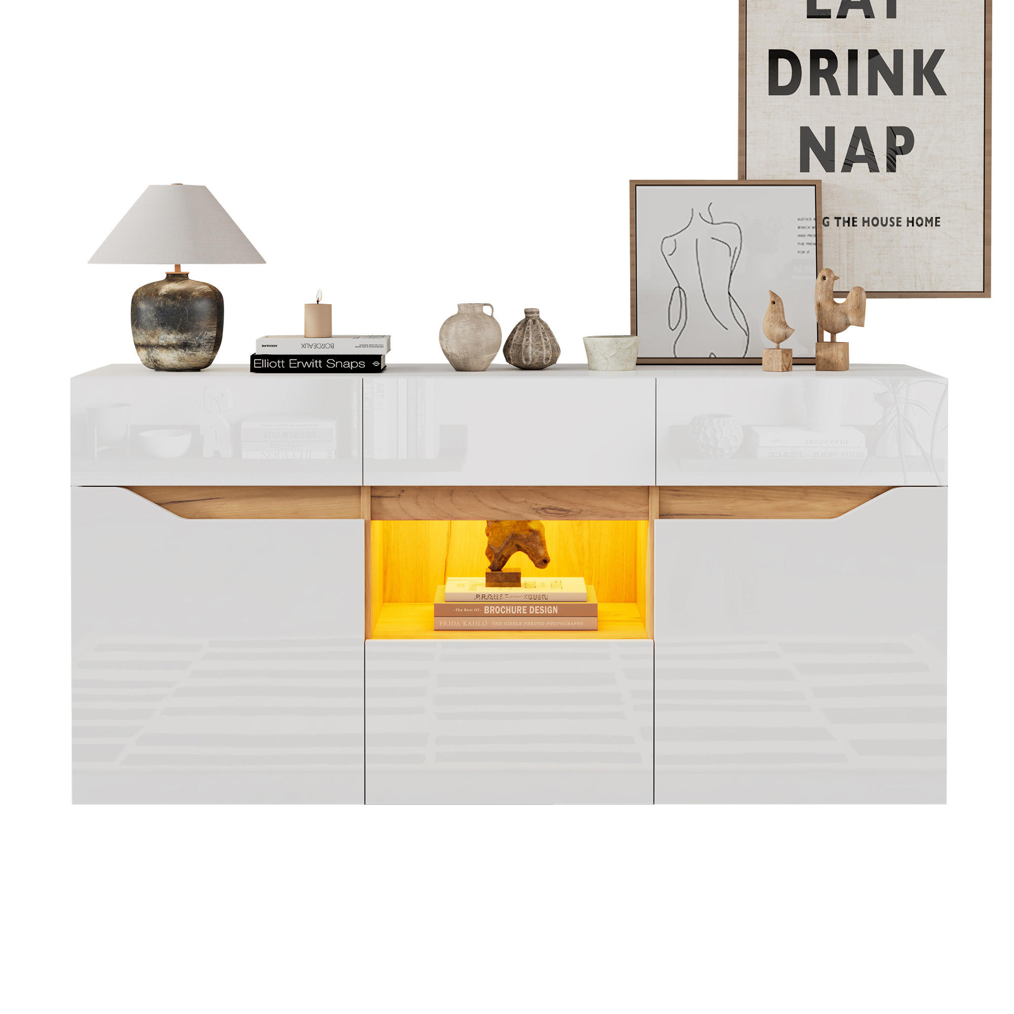 SIDEBOARD LED Weiß Holz 4 Schubladen 2 Fächer 140x40x70cm - Weiß, Holzwerkstoff (40/70/140cm) - FLIEKS