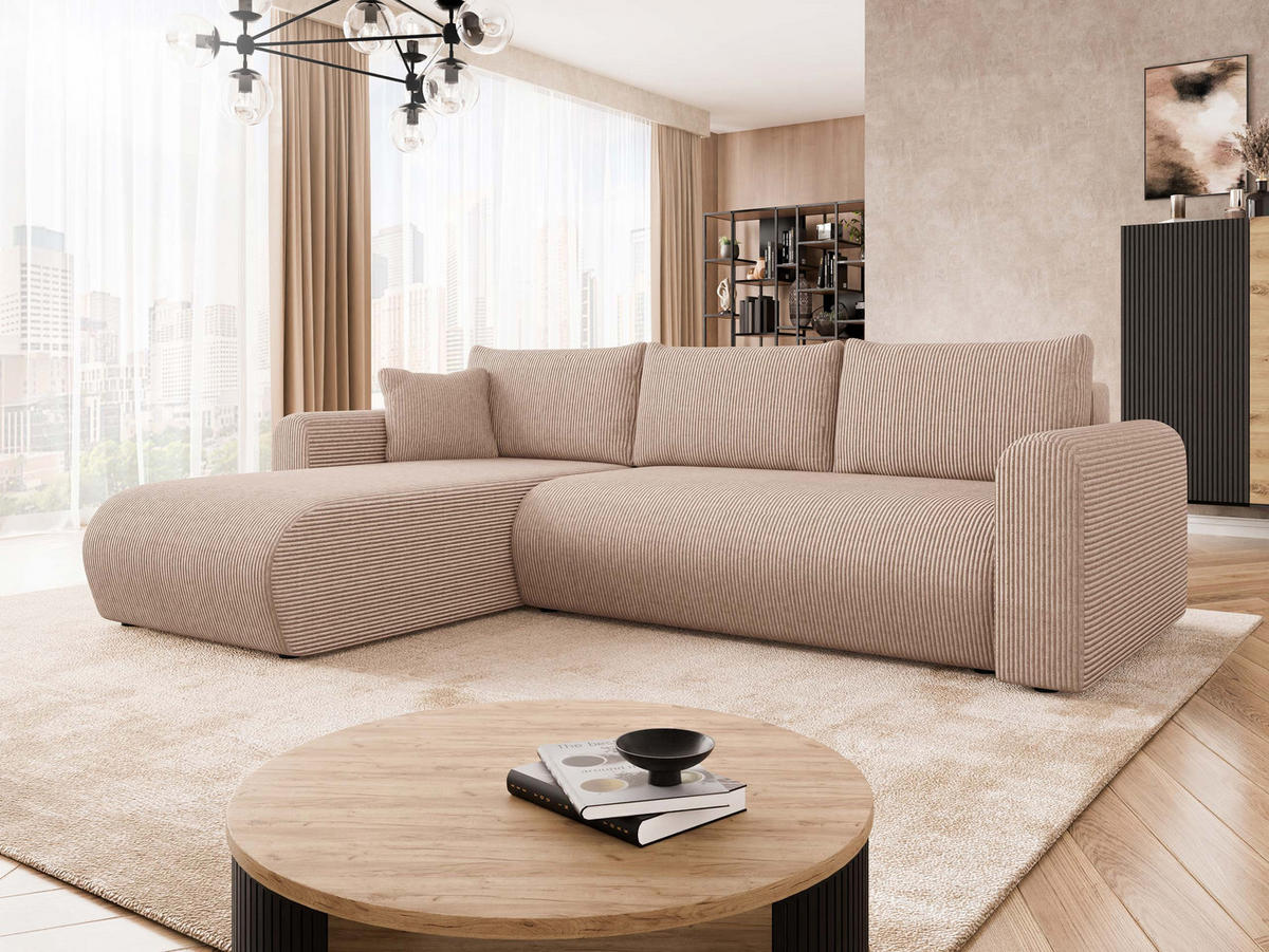 ECKSOFA Eliwo Cord - Hellbraun/Schwarz, Holz/Textil (252/158cm) - MIRJAN24