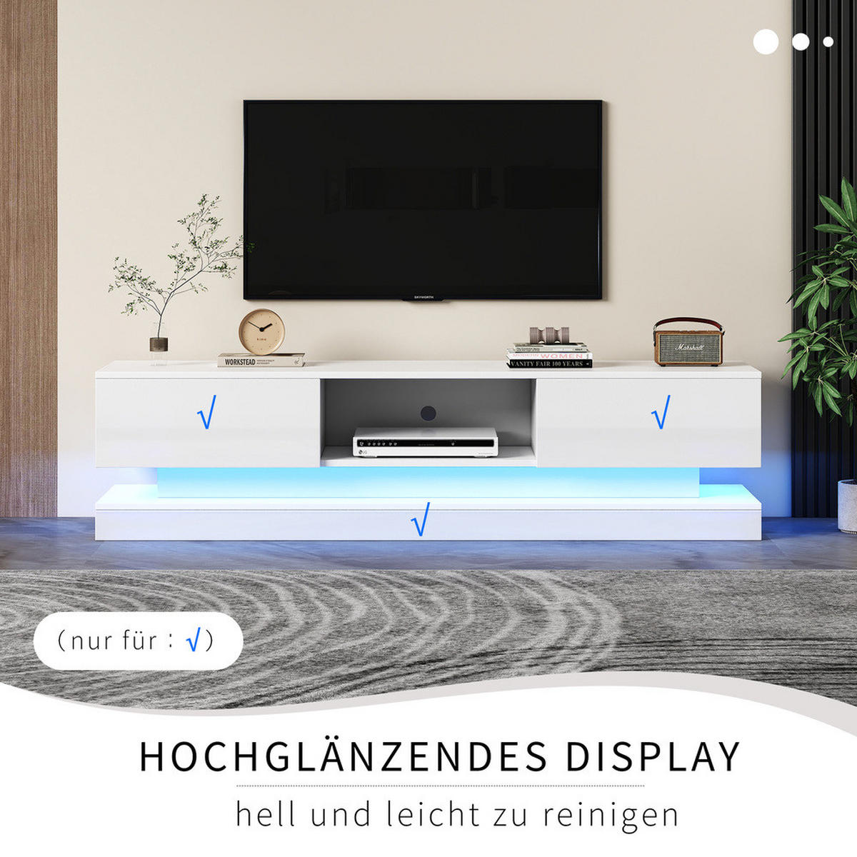 TV-SCHRANK 160x35cm Hochglanz LED-Beleuchtung App-Steuerung Weiß 2 Schubladen - Weiß, Holz (45.5/11.5/171cm) - FLIEKS