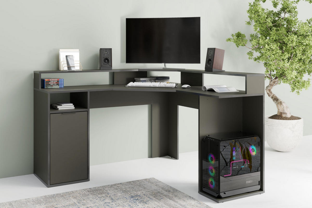 GAMINGTISCH KARO L 139 / 139 cm in Graphit - Graphitfarben, Holzwerkstoff (139/139/89cm) - Deine Möbel 24