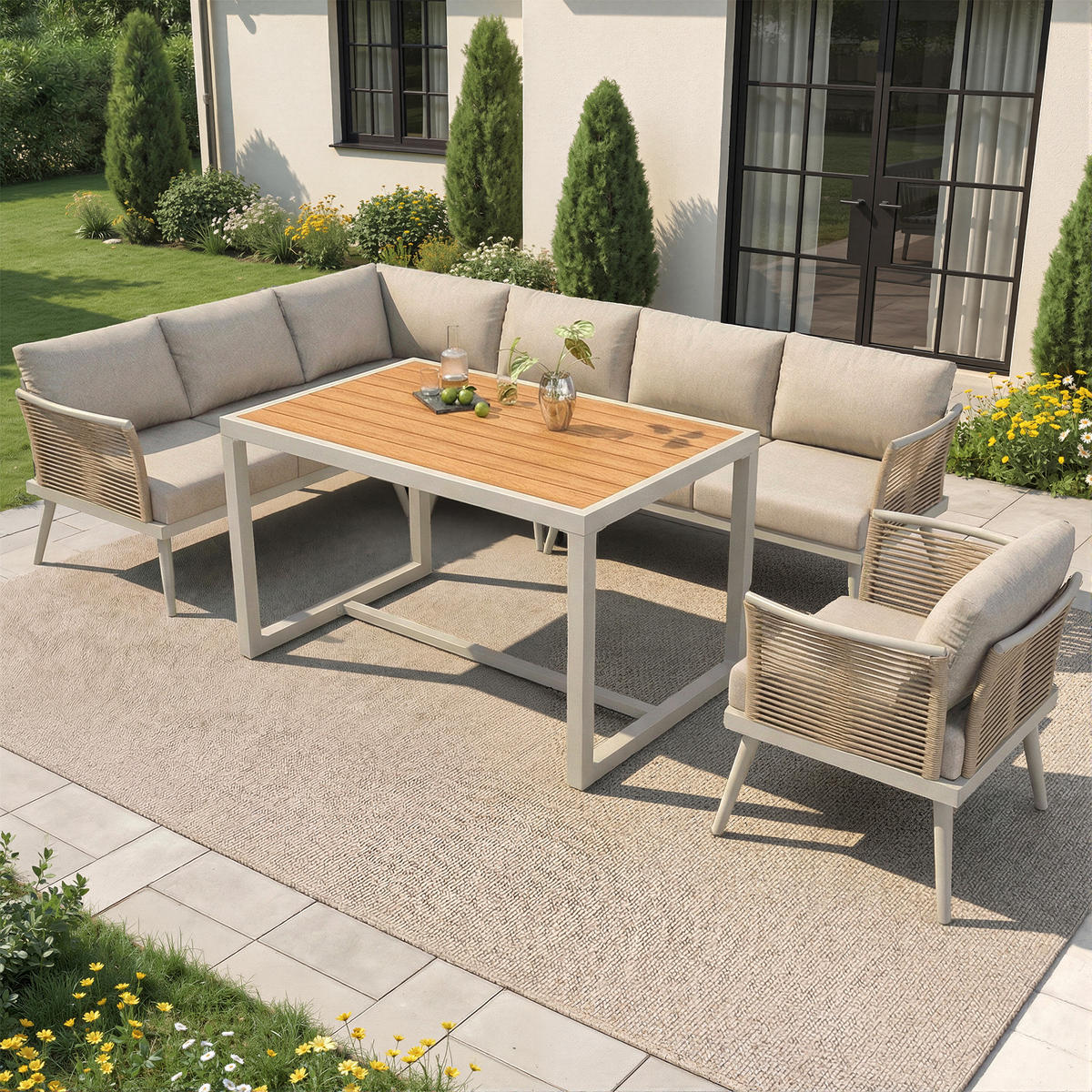 GARTENSET L-Form 7 Personen Grau/Beige Mit Holztisch - Beige, Metall - FLIEKS