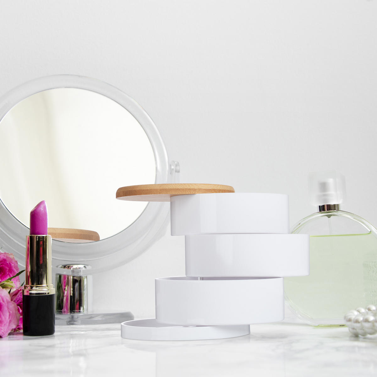 MAKEUP Organizer - Transparent, Holz/Kunststoff (11.5/13.5/11.5cm) - Relaxdays