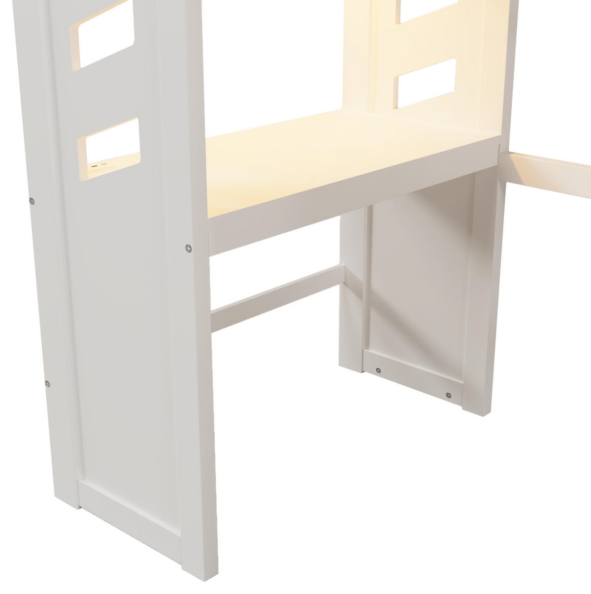 HOCHBETT aus Kiefernholz 90x200 cm Weiß mit Schreibtisch, LED, USB-C und 2 Schubladen - Weiß, Holzwerkstoff (90/190cm) - Modfu
