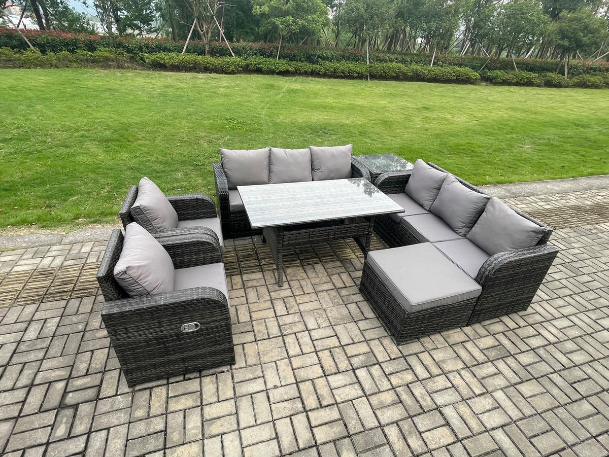 GARTENTISCHGRUPPE mit Beistelltisch,Hocker Polyrattan Dunkelgrau 9-Sitzer - Dunkelgrau/Grau, Glas/Kunststoff - Fimous