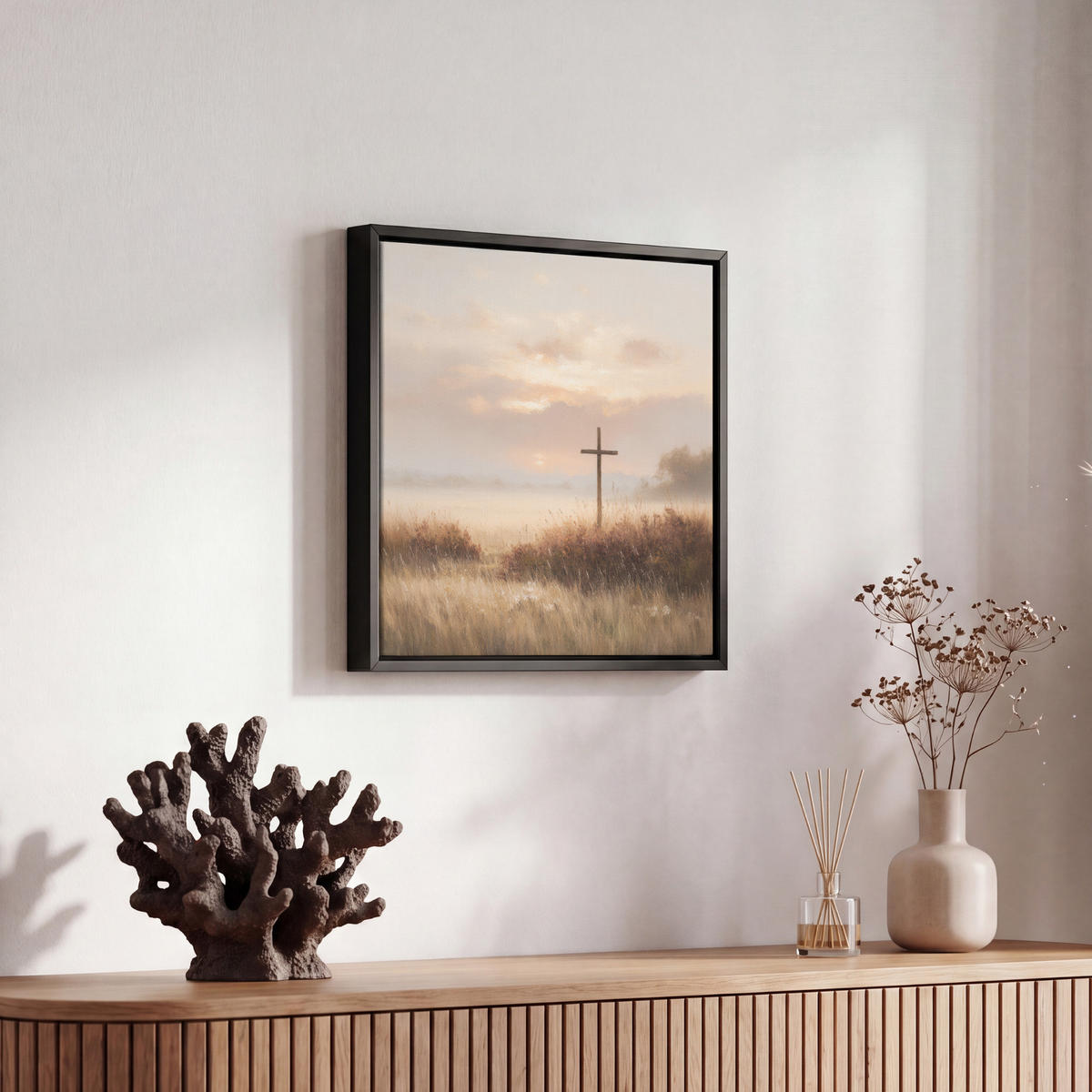 LEINWAND Bilder mit Rahmen - Gras - Morgennebel - Kreuz - Christentum - 20x20 - Beige, Textil (20/20cm) - MuchoWow