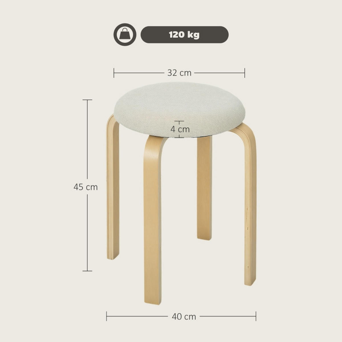 STAPELHOCKER DE-36023 4er Set stapelbar mit Leinenbezug Creme - Creme, Holzwerkstoff (40/45/40cm) - ComfortXL