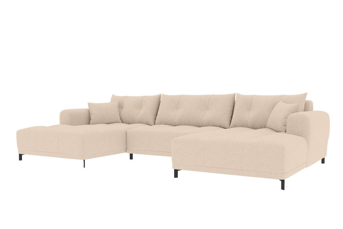 WOHNLANDSCHAFT Strukturstoff Beige inkl. Schlaffunktion - Beige/Schwarz, Textil/Metall (348/94/181cm) - 99rooms