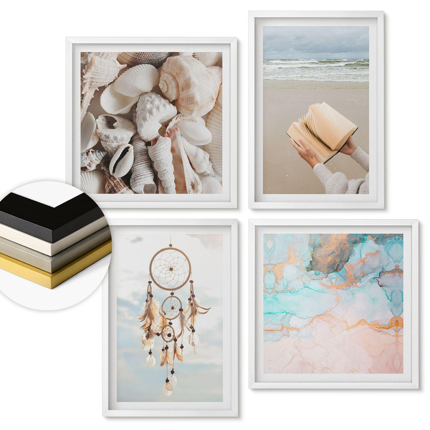 WANDBILDER 4er-Set - 50x50 cm & 40x60 cm Weißer Rahmen - Boho-Buch mit Muscheln - Weiß, Kunststoff (50/50cm) - ArtPrintCave