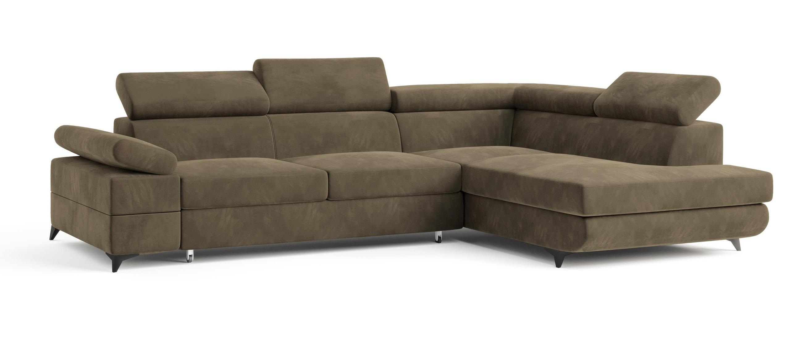 ECKSOFA FAVIEN R-S Beige Velours-Stoff mit Schlaffunktion - Beige, Holz (257/190cm) - MASSENO