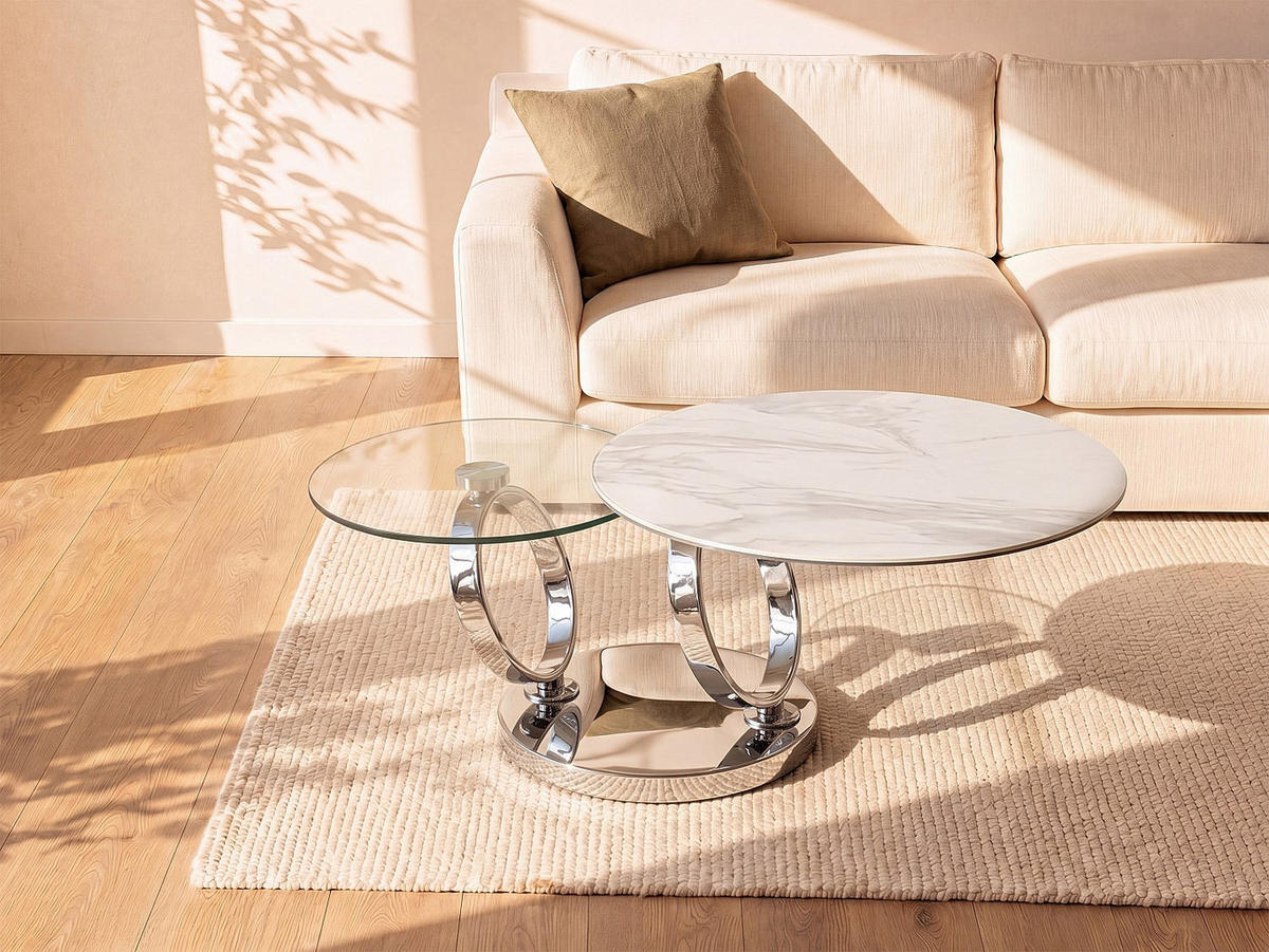 COUCHTISCH - 80 cm, 131.5 cm x 80 cm - glas - transparent, weiß Joline - Chromfarben, Glas/Keramik (80/80/42cm) - Vente-Unique