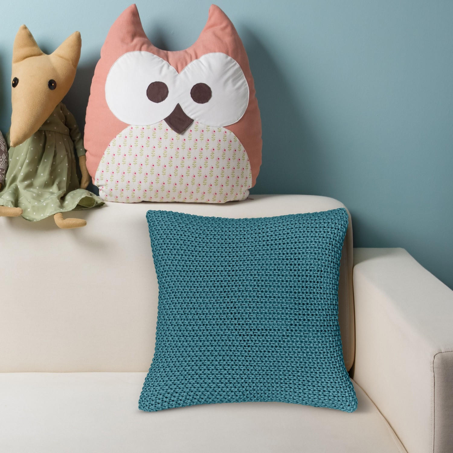 Wometo 2er Set Strick-Kissenbezüge 45x45 Cm – Türkis, Mit Reißverschluss, OEKO-TEX Zertifiziert