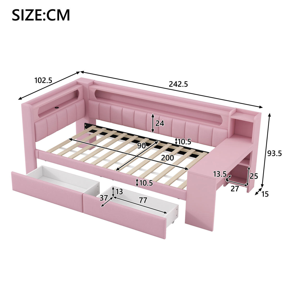 POLSTERBETT 90/200 cm in Rosa mit LED-Beleuchtung, USB und 2 Schubladen - Rosa, Textil (90/200cm) - BEAOK