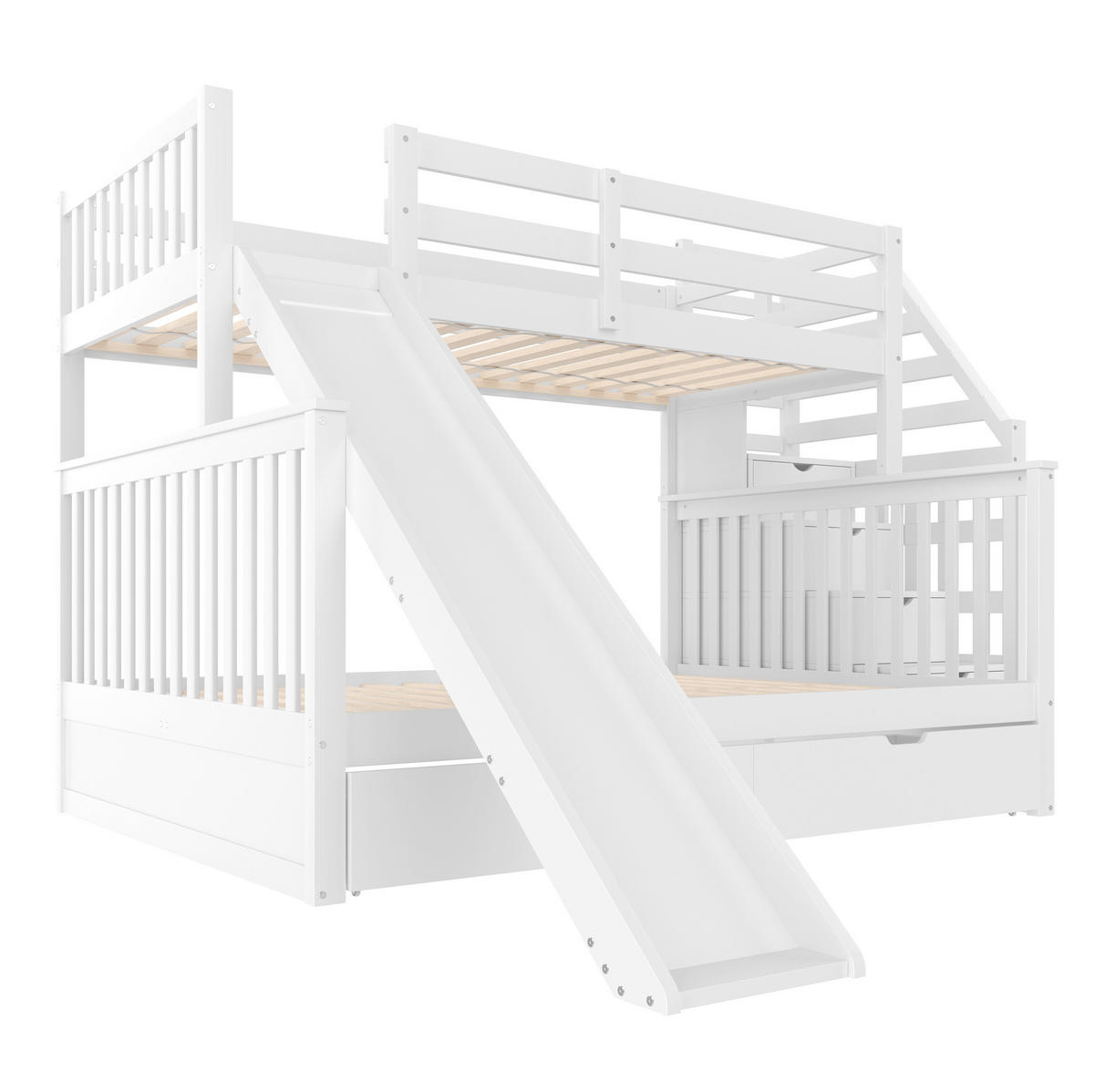 ETAGENBETT 90/200 über 140/200 cm mit Rutsche, 2 Schubladen und Stauraum aus Kiefer/MDF, Antikweiß - Weiß, Holzwerkstoff (90/200cm) - Redom
