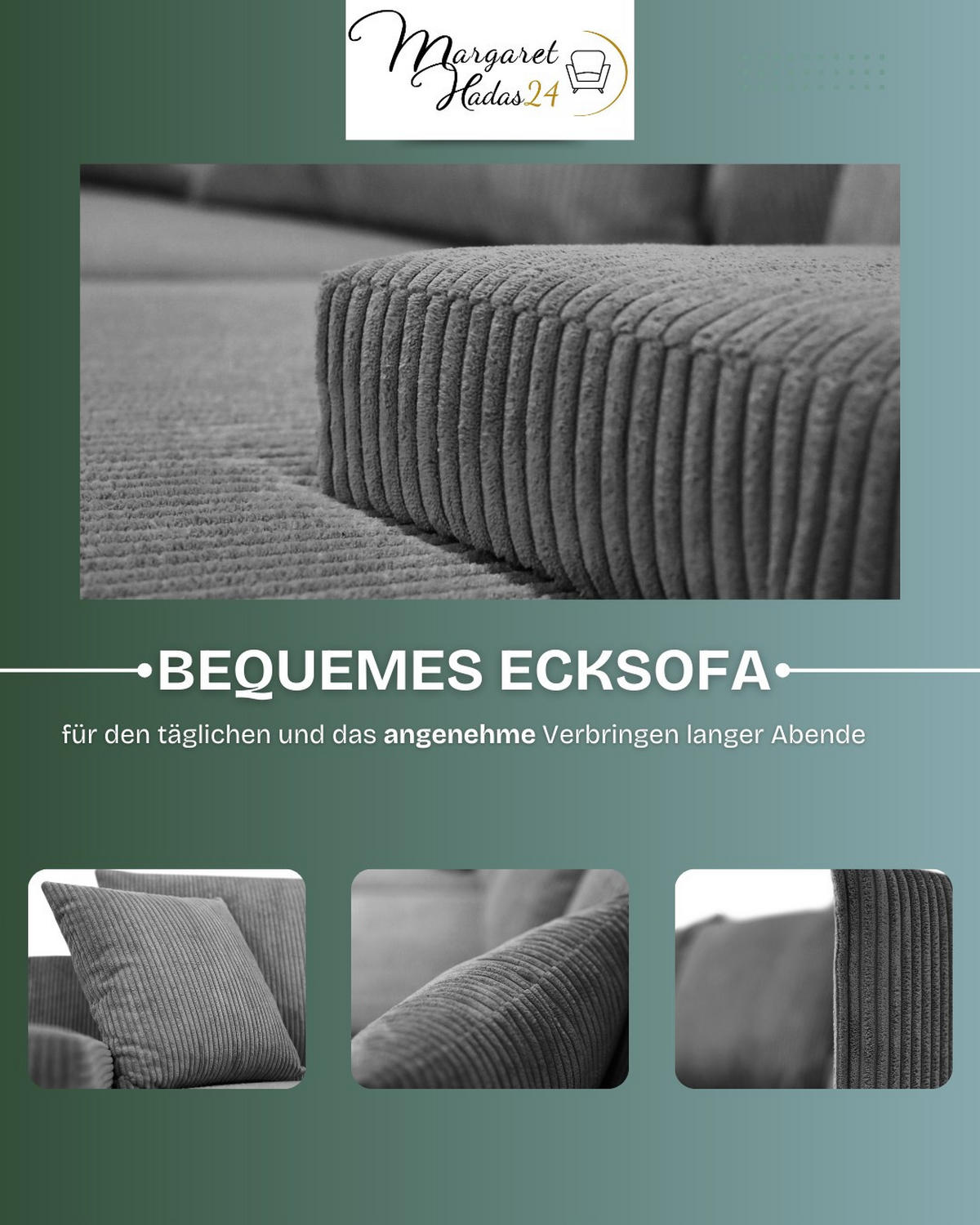 ECKSOFA Lauren L- Form 246 x 188 cm, 4 Sitzer, Bettzeugablage, Sofa, Eckcouch, Cord, linke Seite, grau - Grau, Kunststoff (188/246cm) - Margaret Hadas24