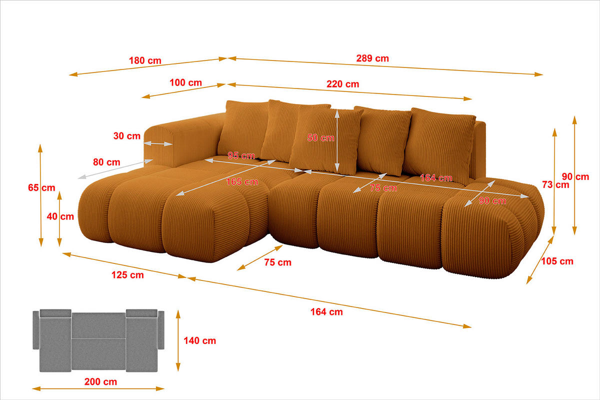ECKSOFA Ottomane Links CLOUD-L-v1 289x180x40 Senfgelb Cord - Currygelb, Holzwerkstoff/Kunststoff (180/289cm) - ALTDECOR