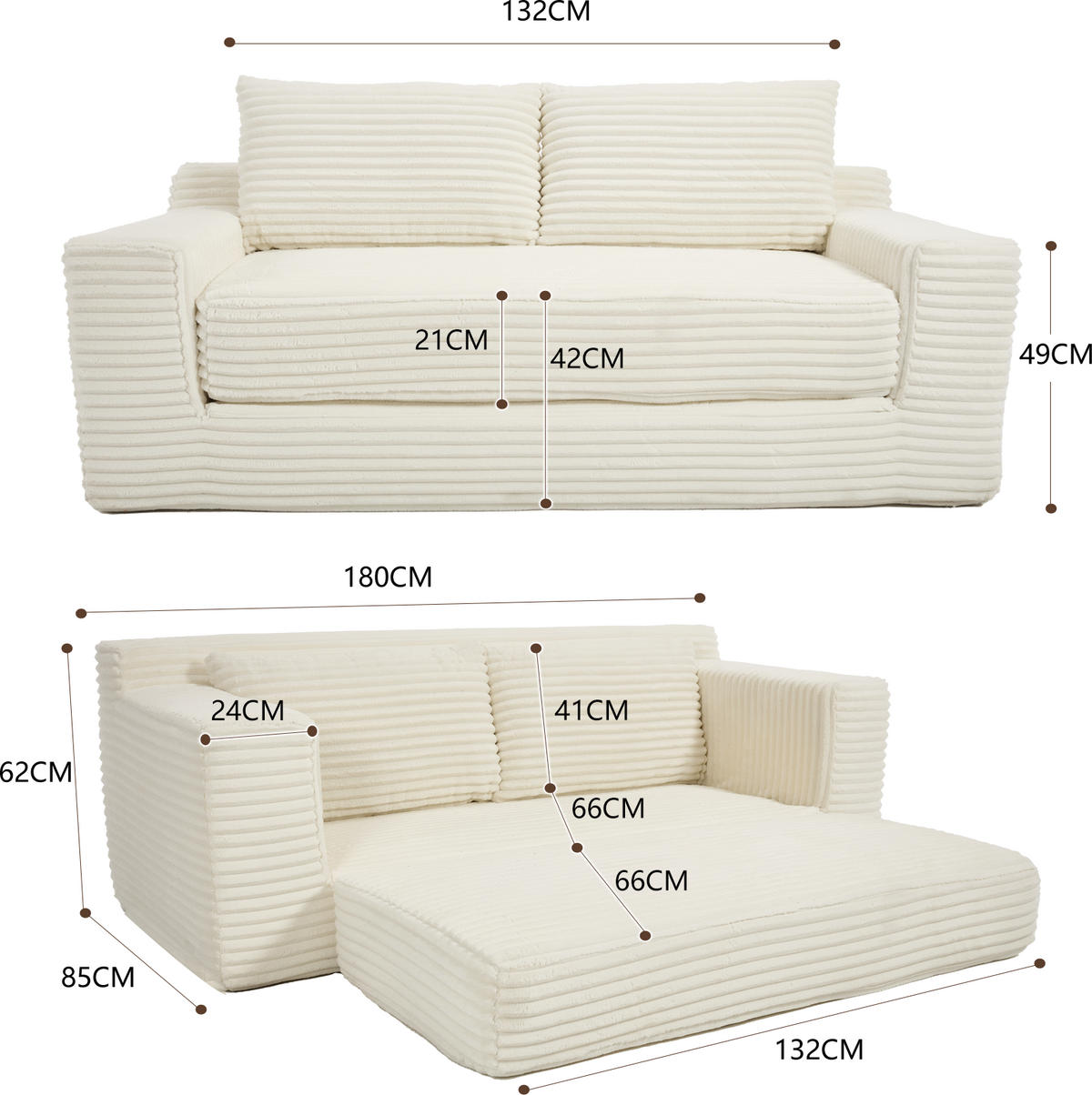 SCHLAFSOFA 180/85/62 cm Weiß Cord - Weiß, Textil (85/62/180cm) - Oxeza
