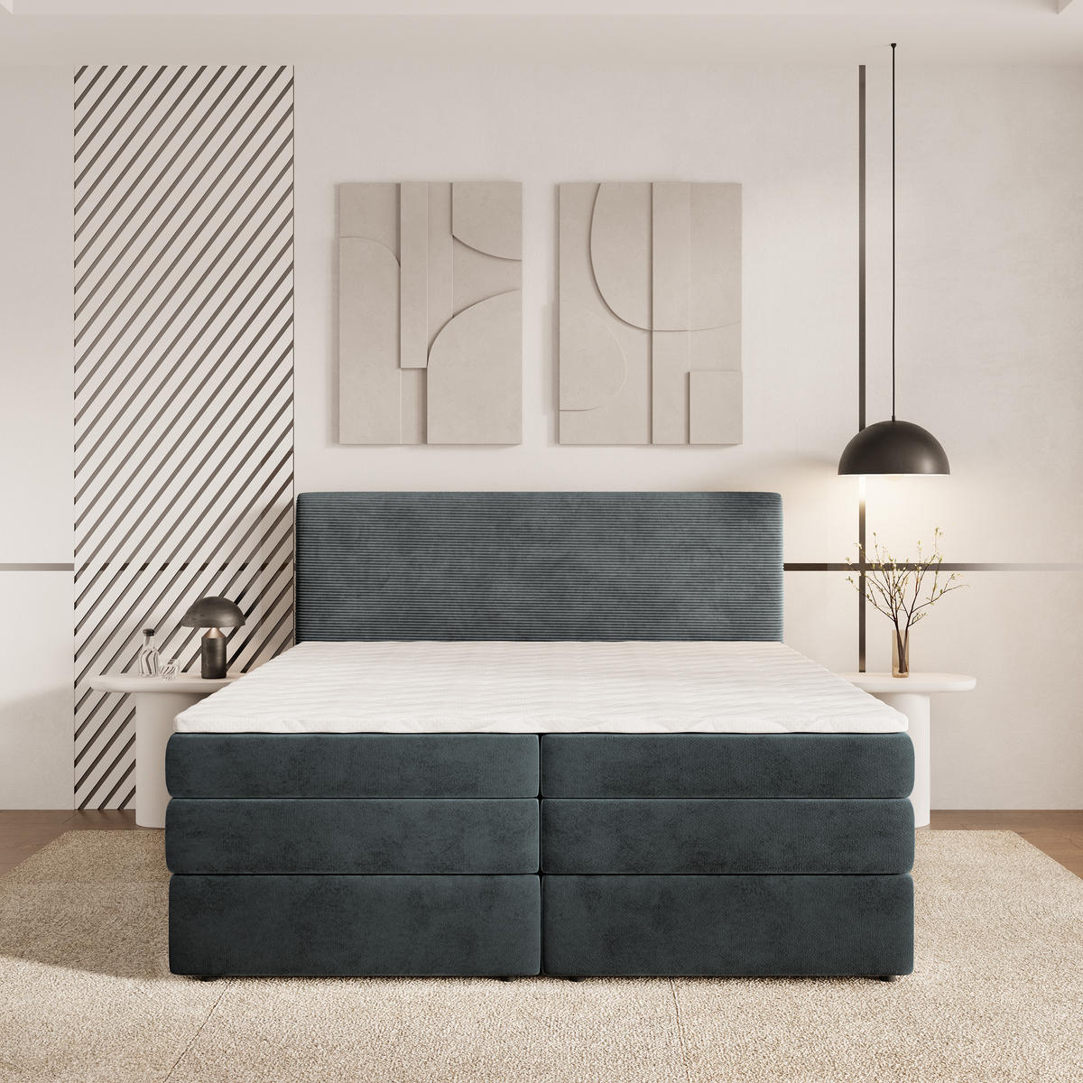 BOXSPRINGBETT MATERN 160x200 cm mit Matratze und Topper - Grau - Grau, Holz (160/200cm) - MASSENO