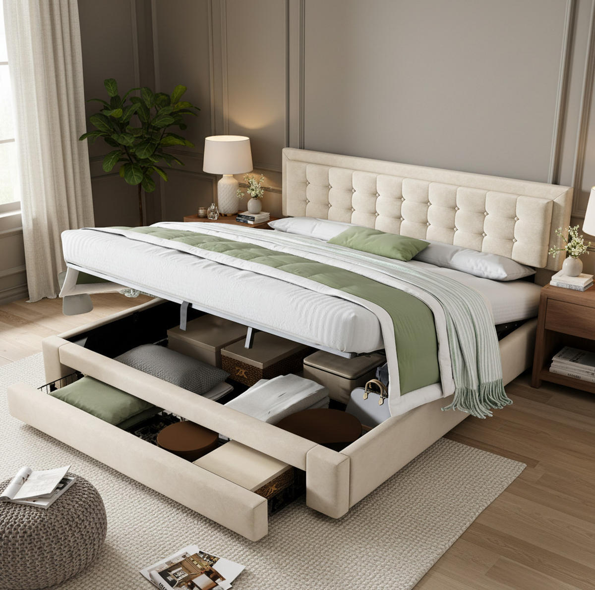 BETT mit Bettkasten und Schubladen 160x200 cm Samt Beige - Beige, Metall (160/200cm) - Meubliv