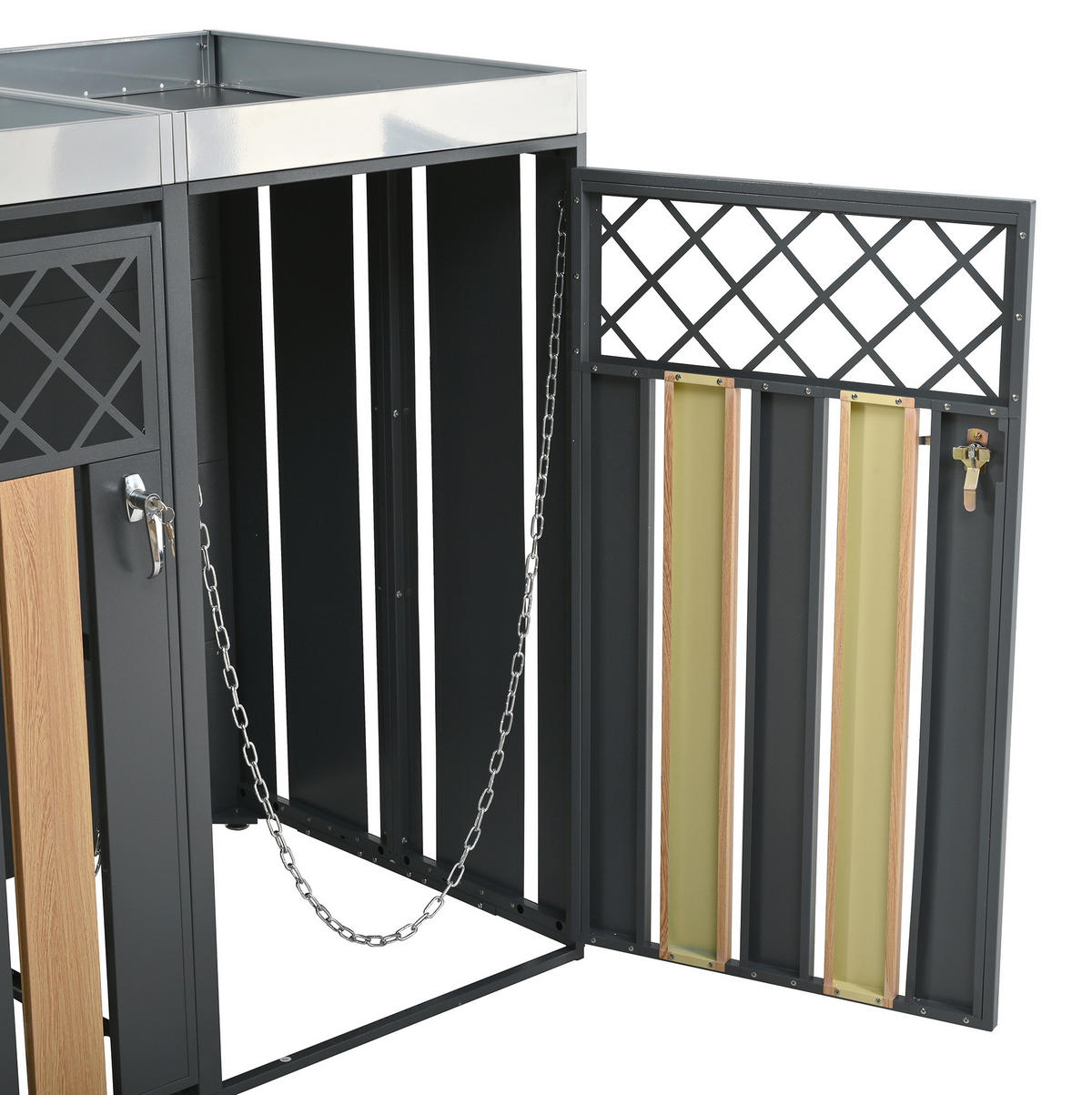 MÜLLTONNENBOX aus Stahl in Grau/Holzoptik mit Pflanzgefäß & Schloss - Grau, Metall (132/124.5/80cm) - Modfu