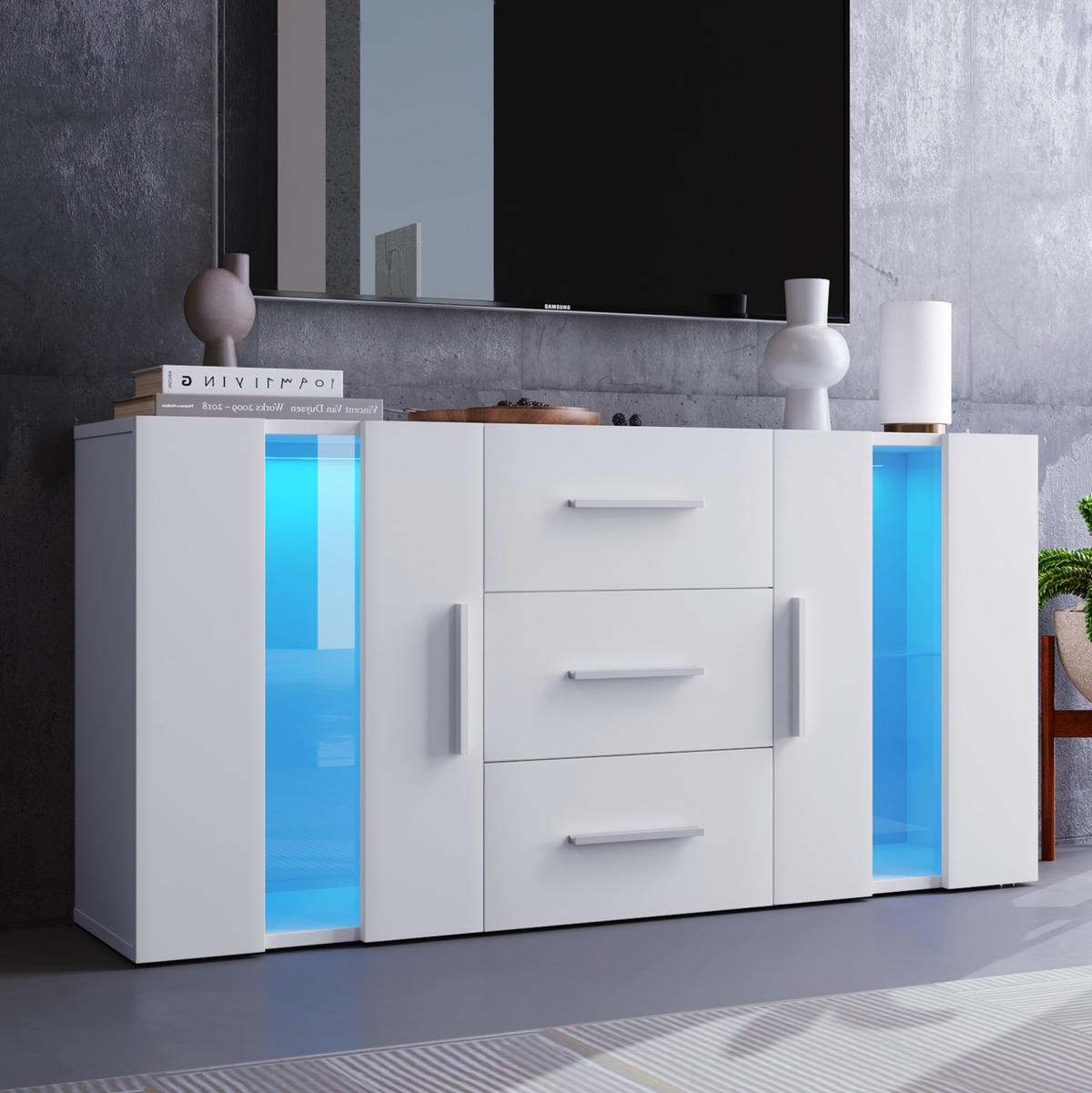 TV-LOWBOARD aus MDF 140x35x70 cm Weiß mit LED-Beleuchtung, 3 Schubladen und Stauraum - Weiß, Holzwerkstoff (140/70/35cm) - IVMEU