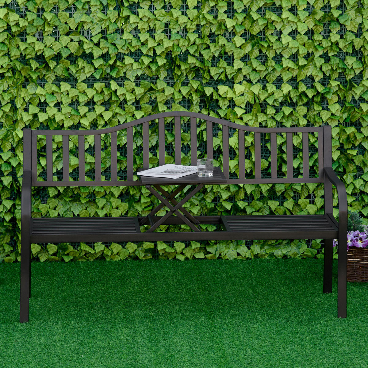 ZAHRADNÍ LAVIČKA s výsuvným stolem, 150 x 58,5 x 90 cm, kov, černá - černá, kov (58.5/90/150cm) - Outsunny