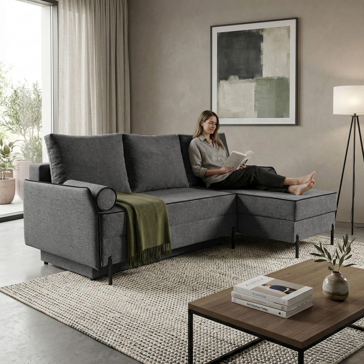 ECKSCHLAFSOFA Livio mit Schlaffunktion und universeller Ottomane, Grau - Grau, Textil (213/155cm) - Beautysofa