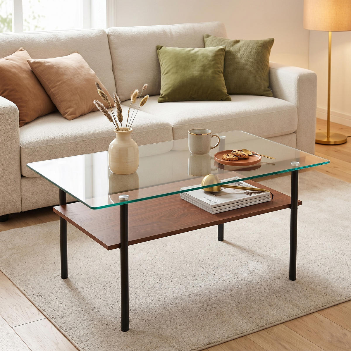 COUCHTISCH mit Glasplatte Schwarz/Holzoptik 98/58/45 cm mit MDF Ablage - Transparent/Schwarz, Glas/Holzwerkstoff (97.7/57.7/45cm)